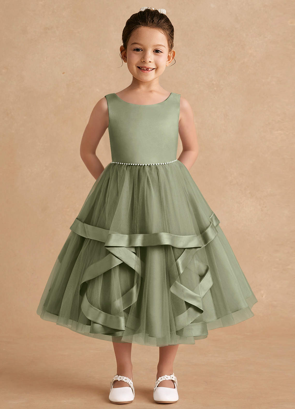 Azazie Posy Flower Girl Dresses Pistachio A-Line Beaded Tulle Dress image1
