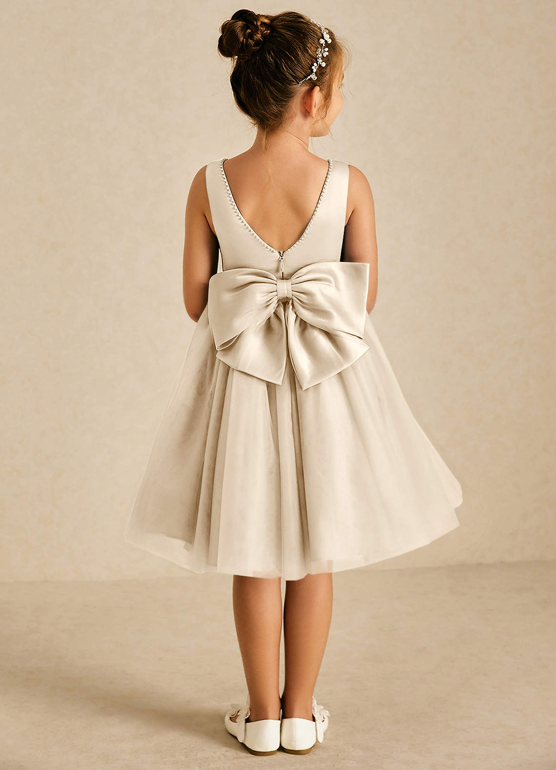 Azazie Sarina Flower Girl Dresses Champagne A-Line Bow Tulle Dress image1
