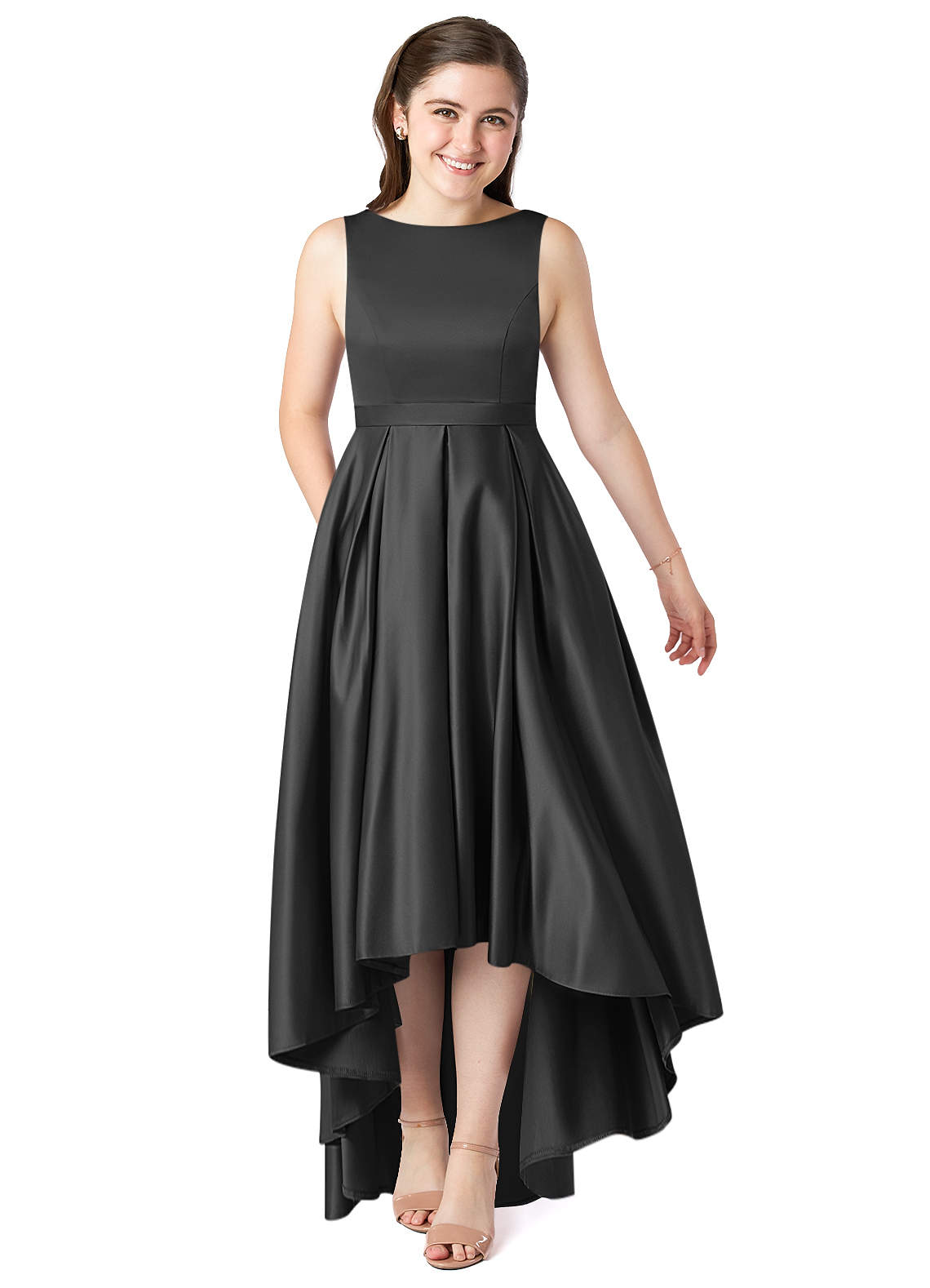 Azazie Inaya Junior A-Linie Gürtel/Schärpe Stretch-Satin Kleid Schwarz image1