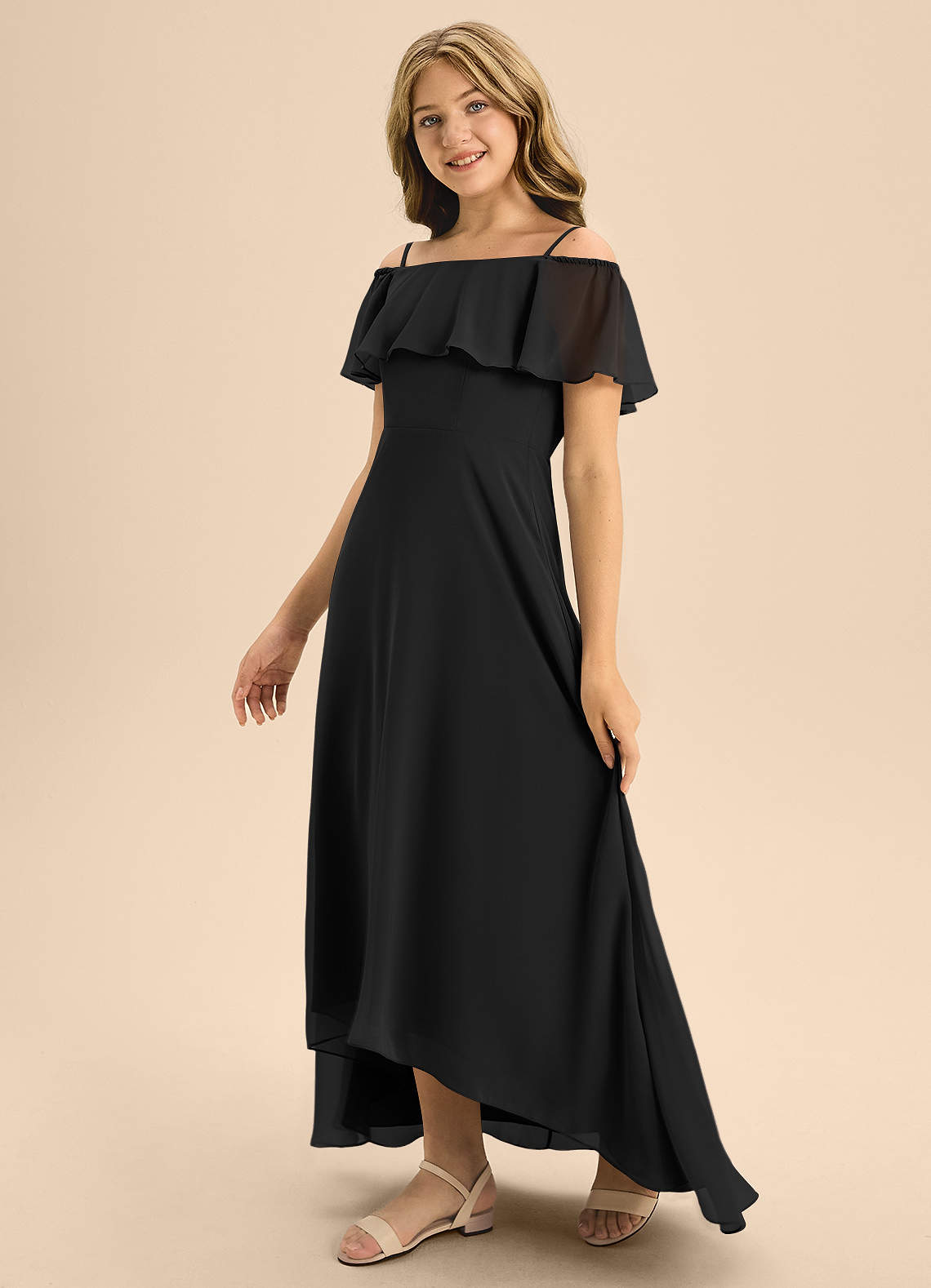 Azazie Maggie Junior A-Linie Schulterfrei Chiffon Kleid Schwarz image3