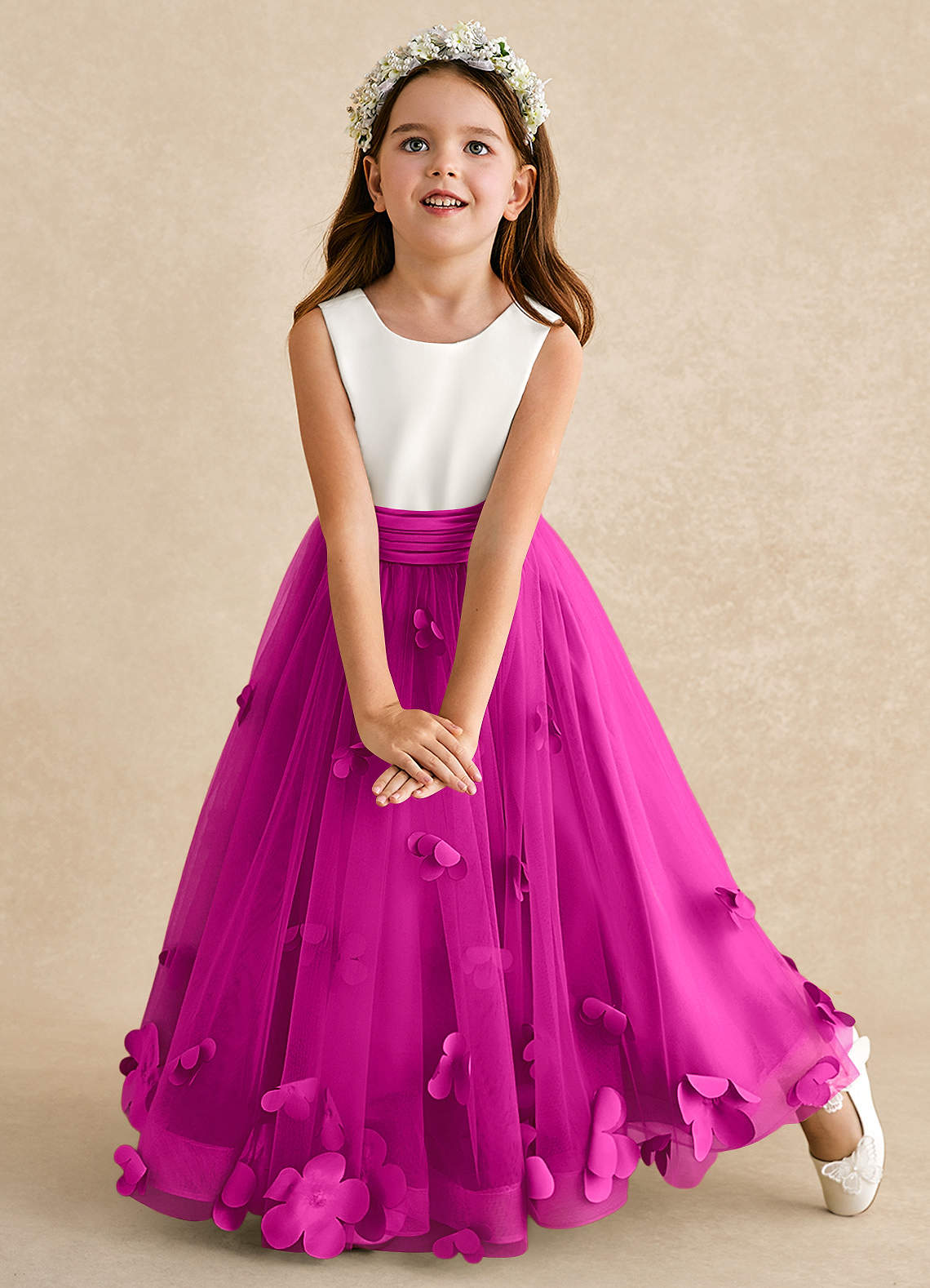 Azazie Vi vestidos de niña de las flores Vestido de Fucsia de Tul de Corte en A con Sin mangas image5