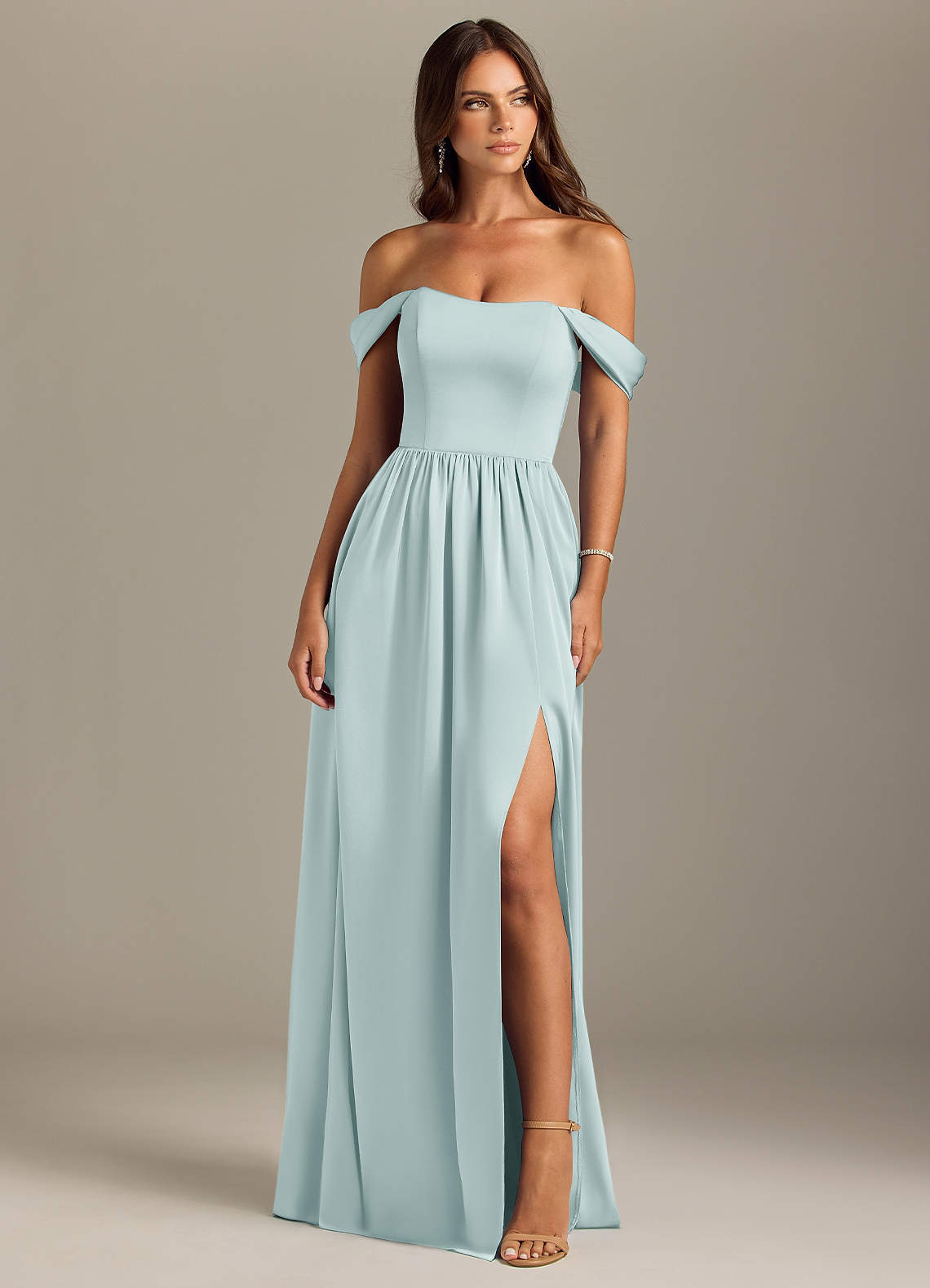 Azazie Calianna Bridesmaid Dresses Mist A-Line Off the Shoulder Stretch Satin Convertible Dress image1