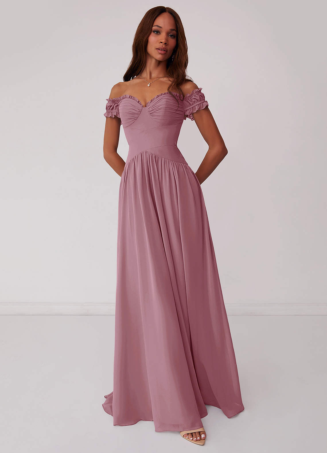 Barbie ♥ Azazie Bridesmaid Dresses Vintage Mauve A-Line Off the Shoulder Chiffon Convertible Dress image1