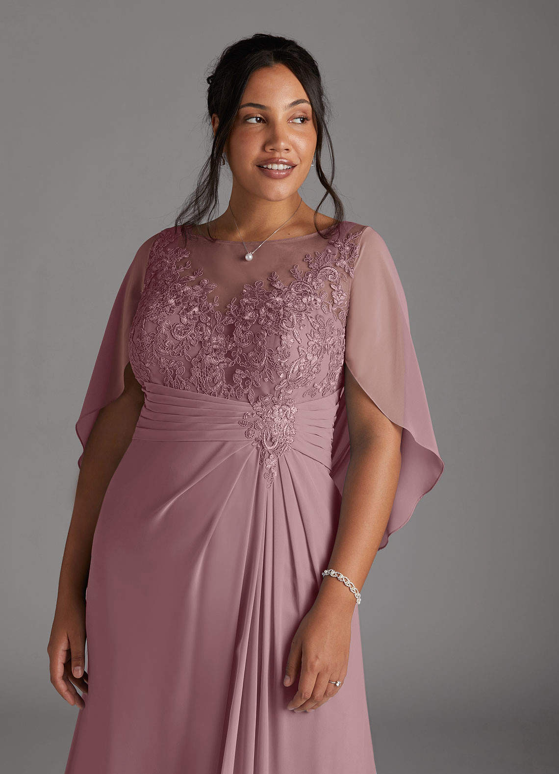 Azazie Hera Mother of the Bride Dresses Dusty Rose A-Line Lace Capelet Chiffon Dress image10