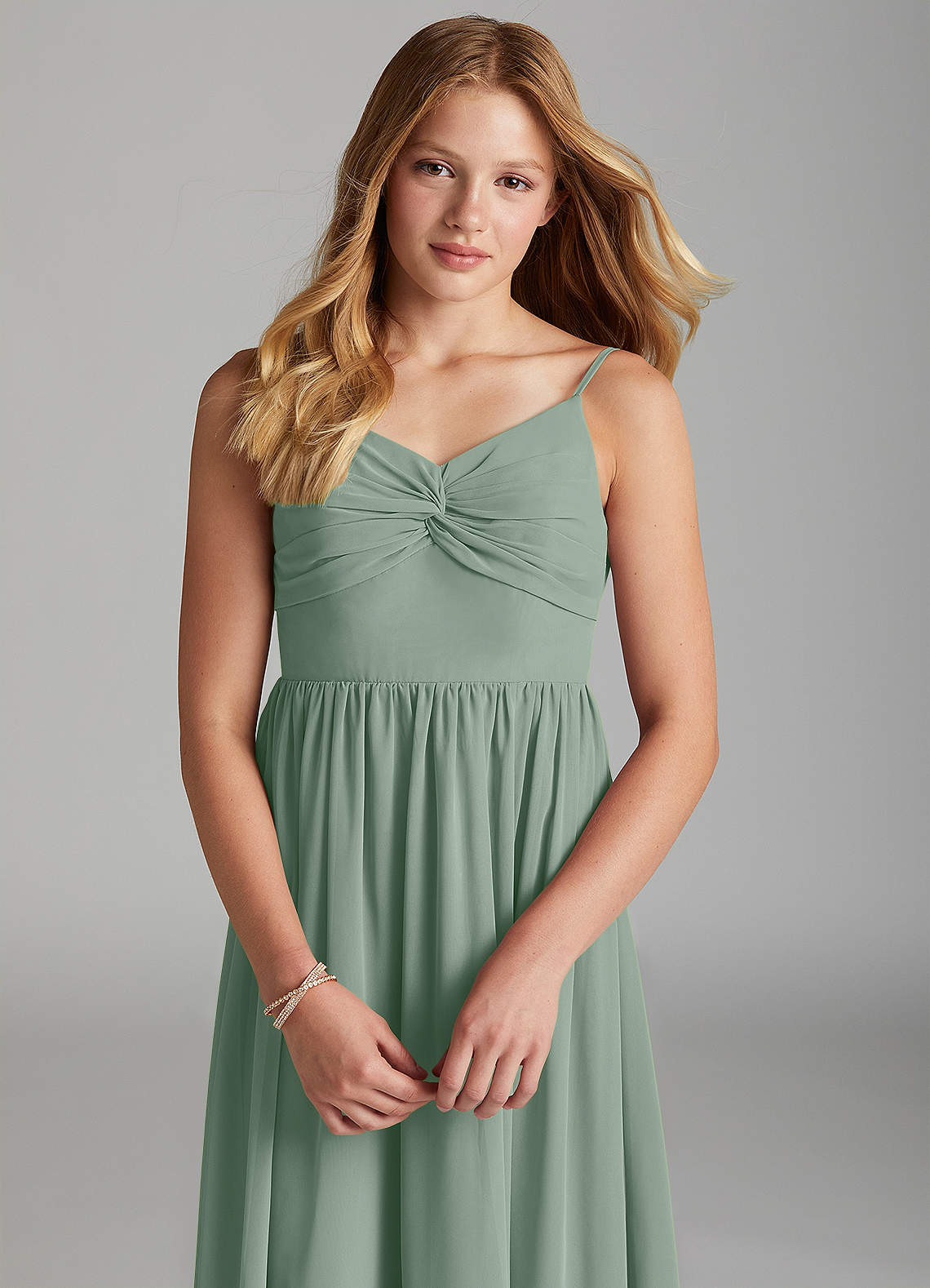 Azazie Zeya Junior Bridesmaid Dress in Silver Sage | Azazie CA