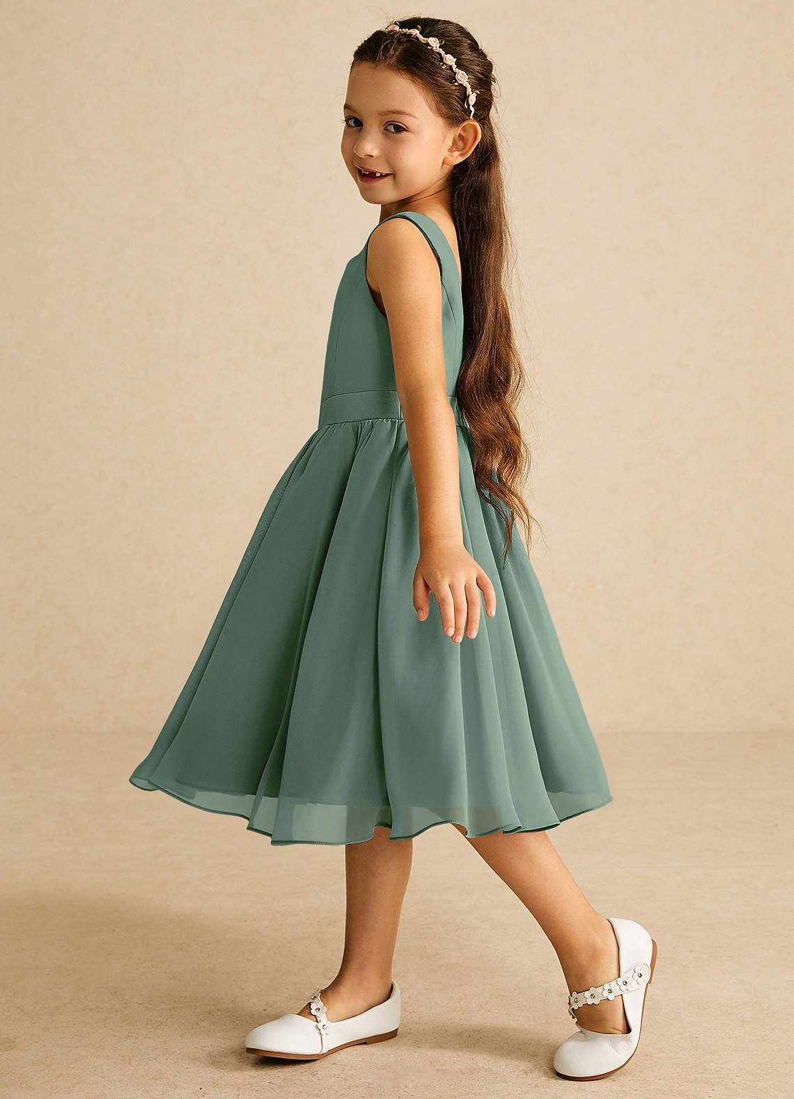 Azazie Ari Flower Girl Dresses Eucalyptus A-Line Sleeveless Chiffon Dress image3