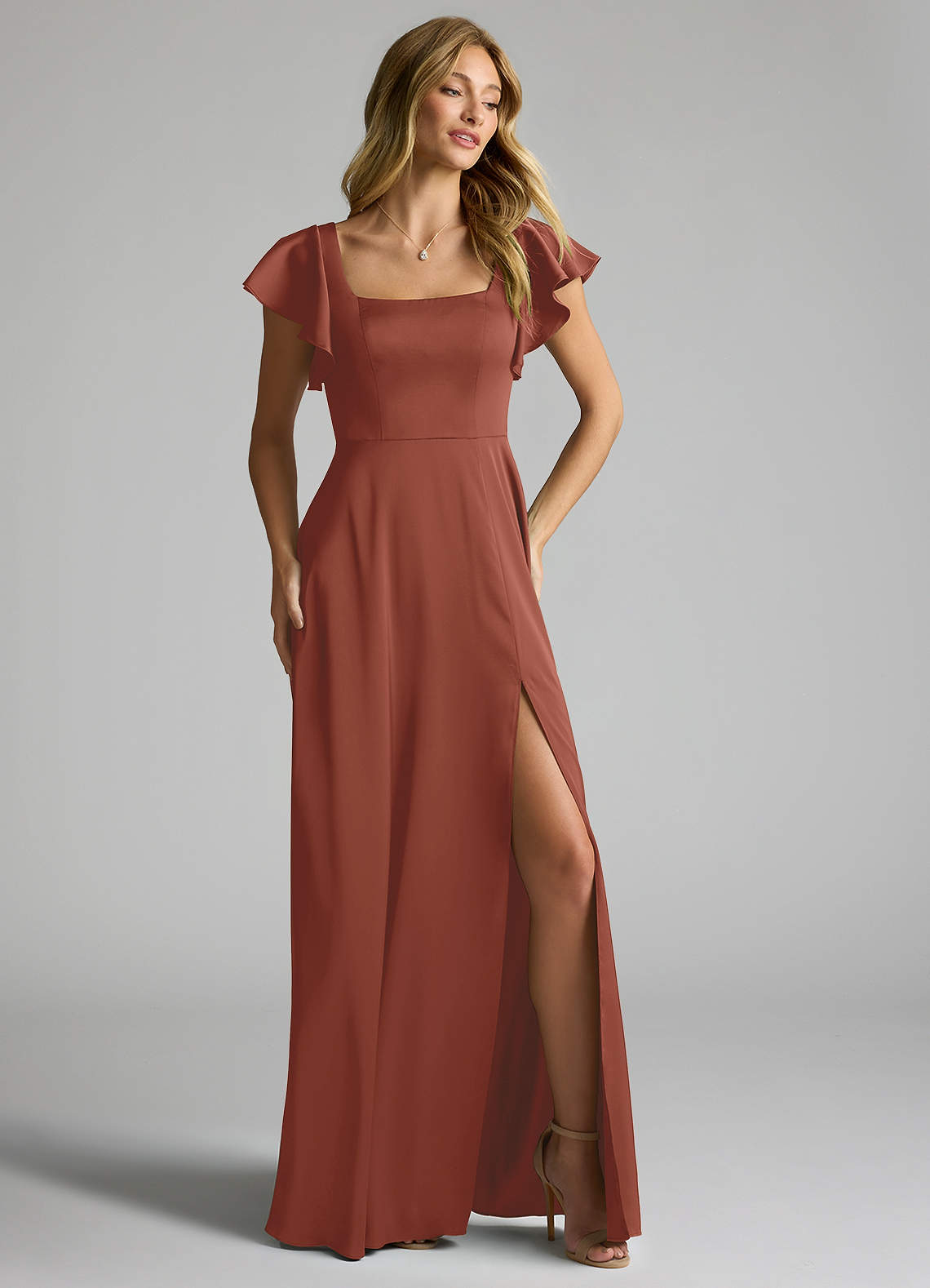 Azazie Bondi Bridesmaid Dresses Auburn A-Line Bow Stretch Satin Dress image1