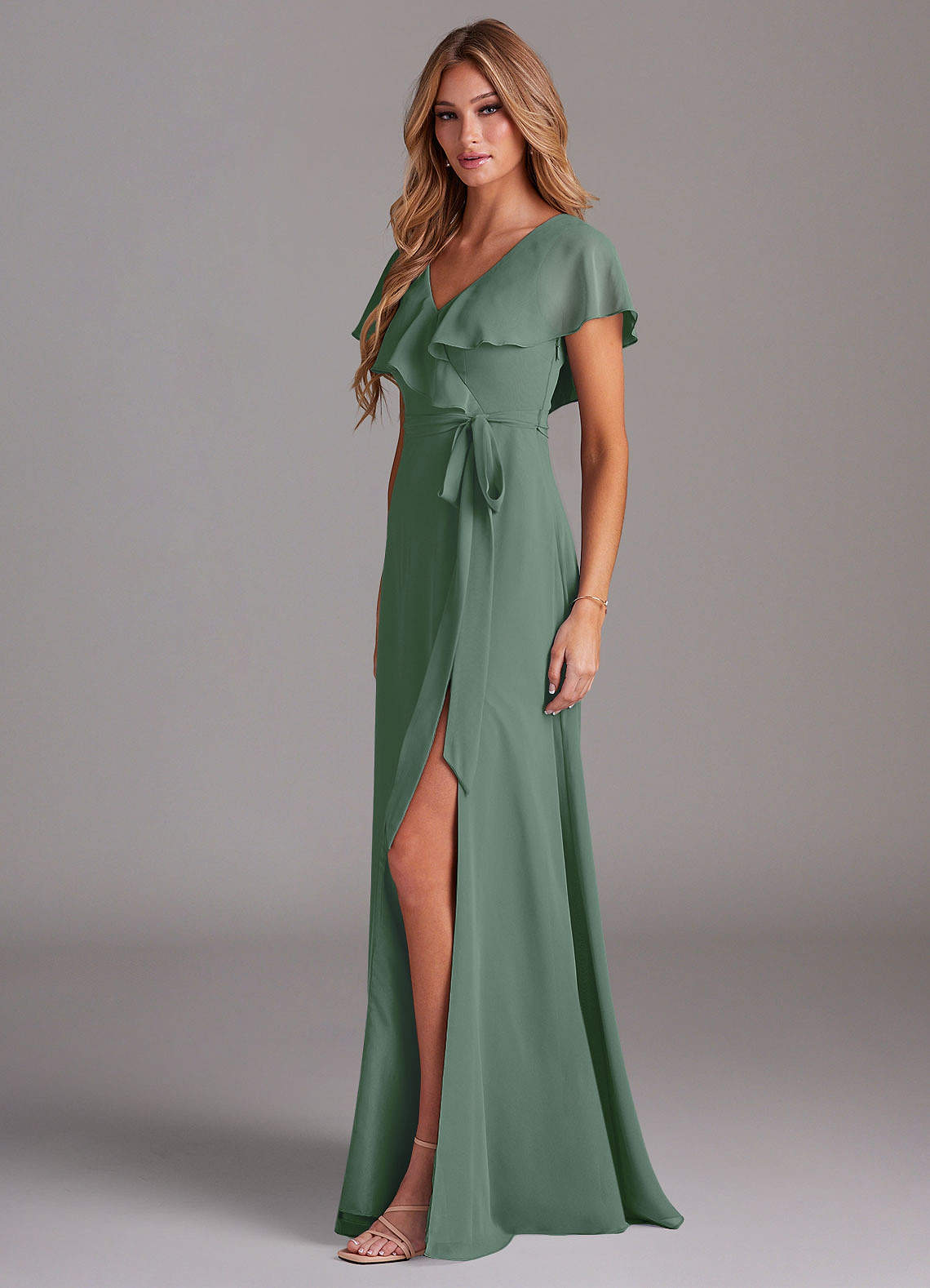 Azazie Lainey Bridesmaid Dresses Eucalyptus A-Line with Pockets Chiffon Dress image3