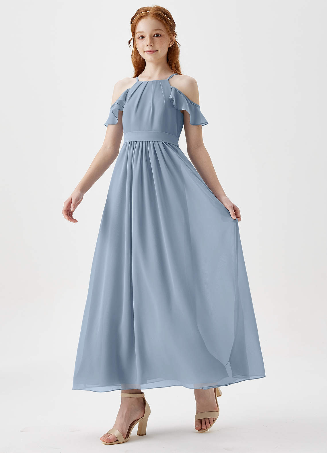 Azazie Chaya Junior Dusty Blue A-Line Off the Shoulder Chiffon Dress image4