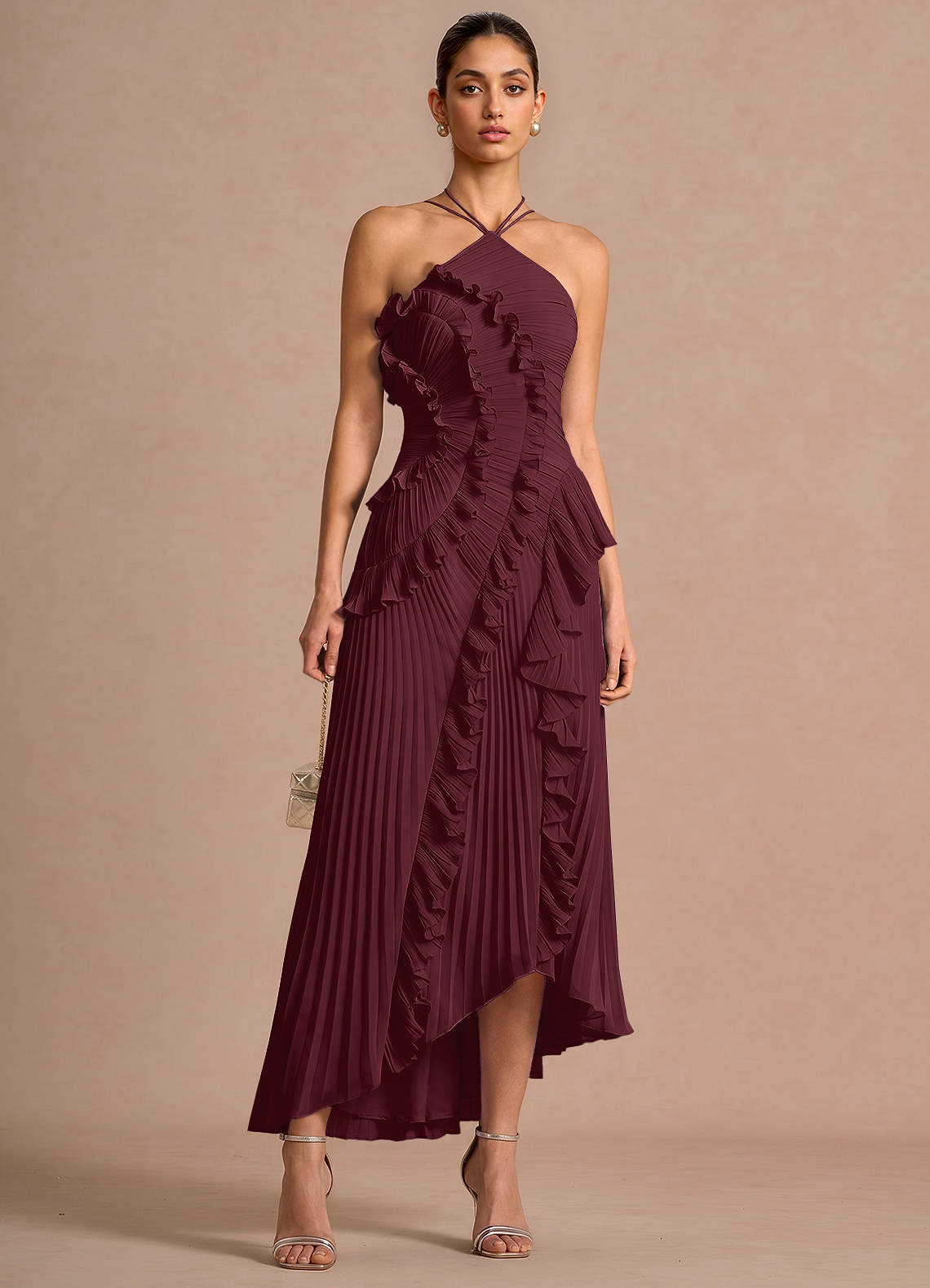 wine cocktail dress Women'S V-Neck Sleeveless Satin Ruffle Hem Tight Long Casual Open Back High Slit Cocktail Dress Wine Red XL