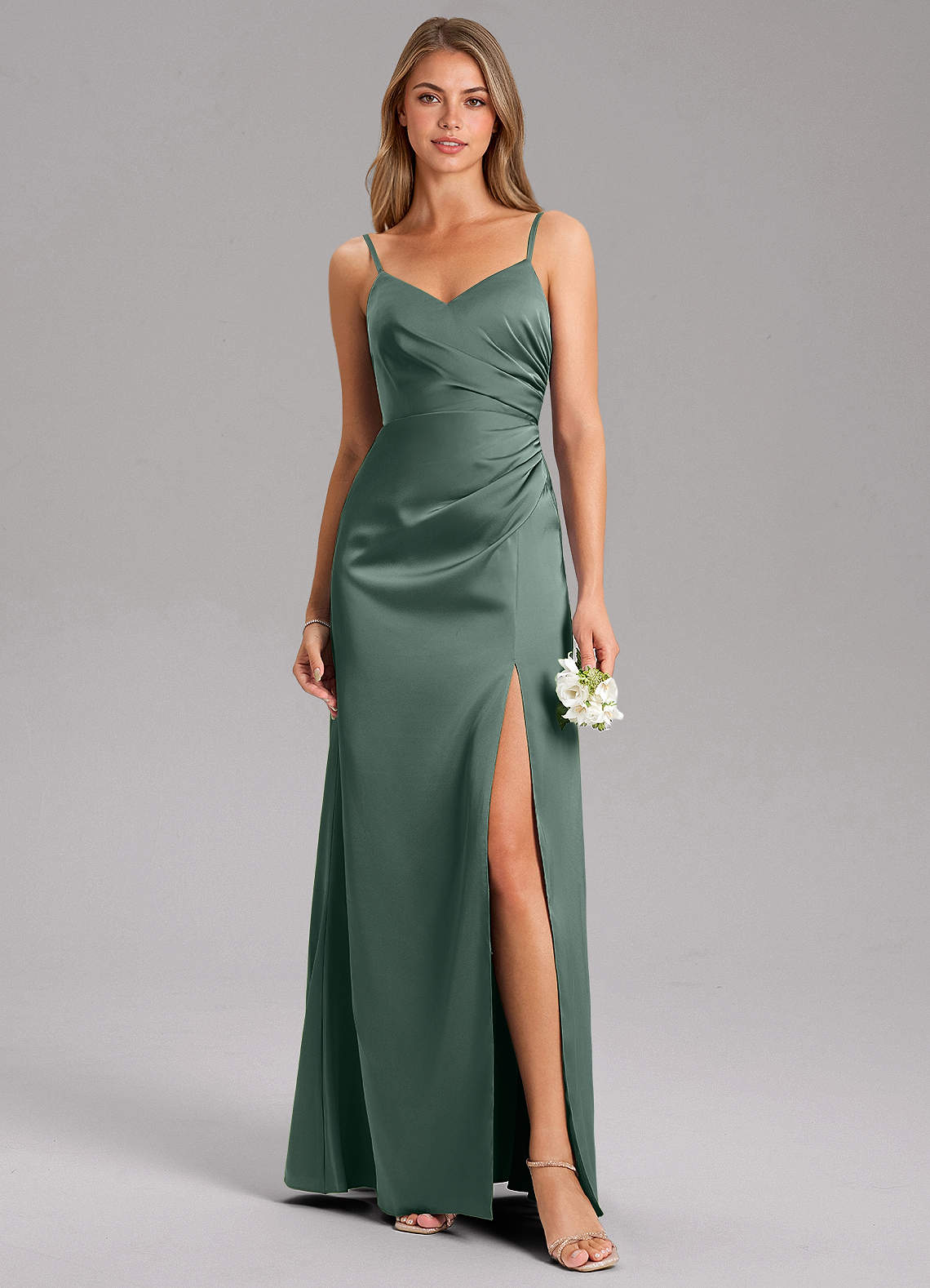 Azazie Azuree Bridesmaid Dresses Sea Moss A-Line Pleated Stretch Satin Dress image1