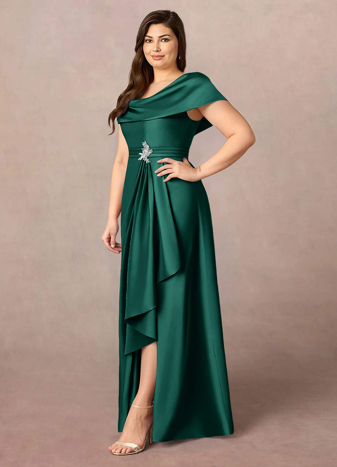 Azazie Branford Mother of the Bride Dresses Emerald A-Line Pleated Stretch Satin Dress image10