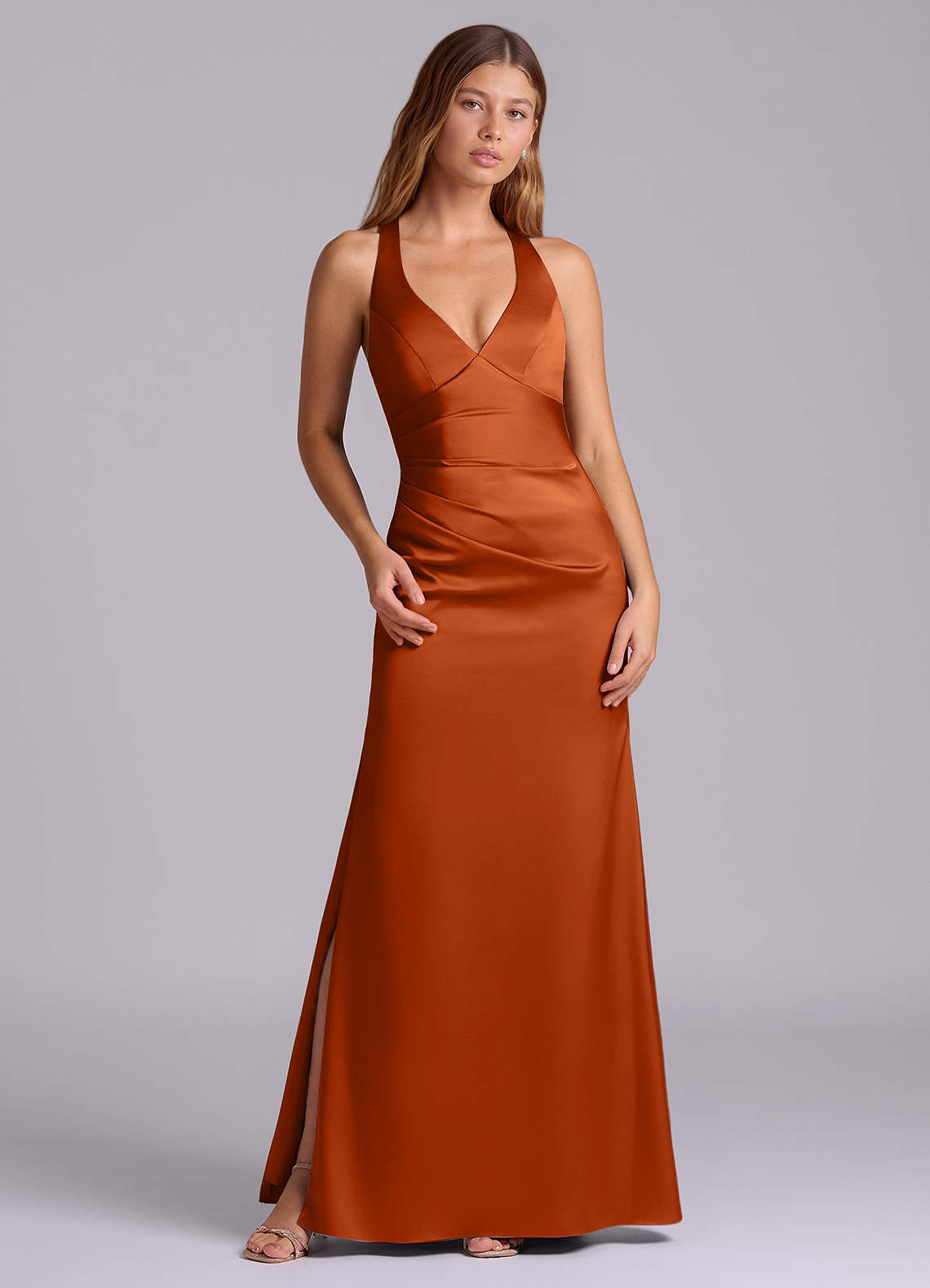 Azazie A-Line V-Neck Floor-Length Stretch Satin Bridesmaid Dresses - Burnt Orange