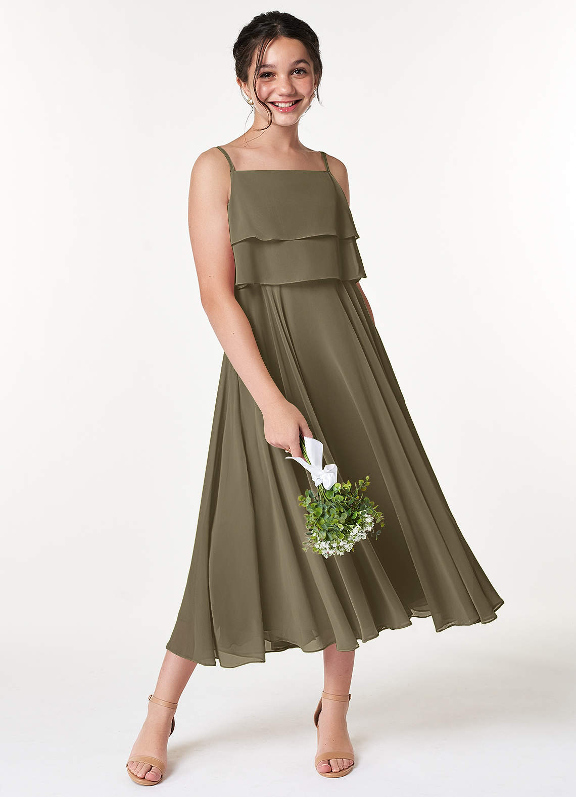 Azazie Ensley Junior A라인 주름진 쉬폰 티 길이 주니어 신부 들러리 드레스 image1