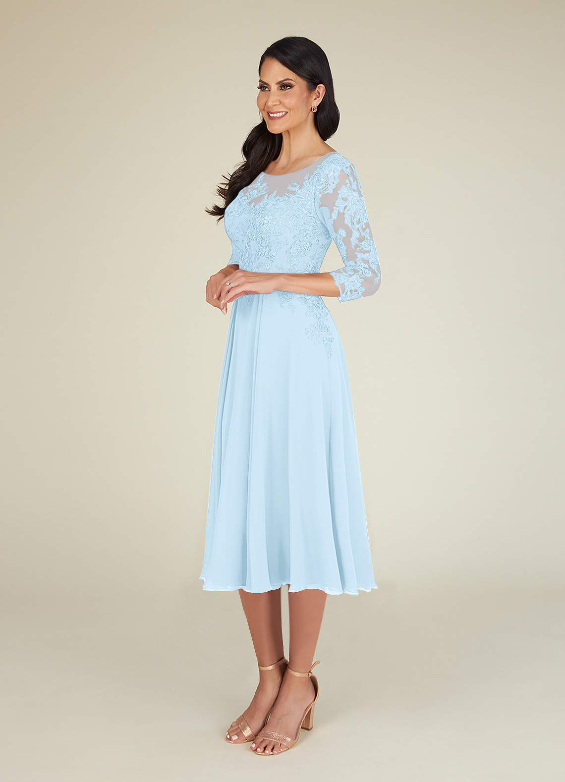 Lace 3/4 Sleeves Chiffon Tea-Length Dress Tangerine
