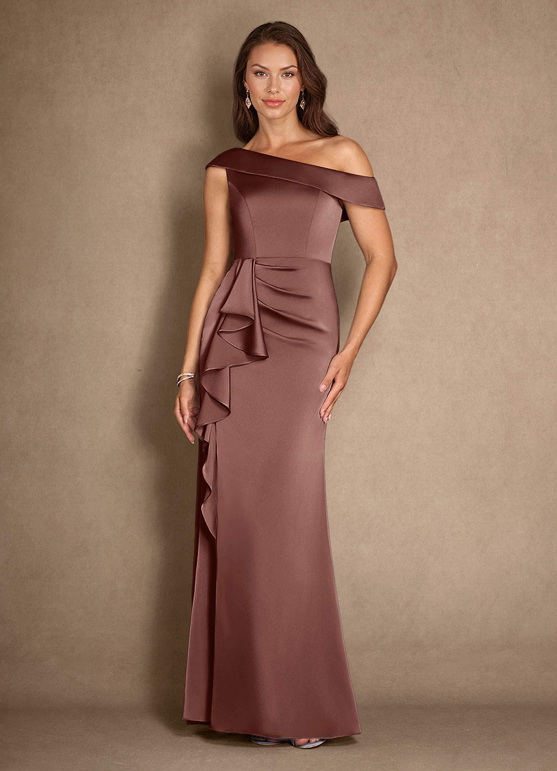 Azazie Hamptons Mother of the Bride Dresses Espresso A-Line Pleated Stretch Satin Dress image1