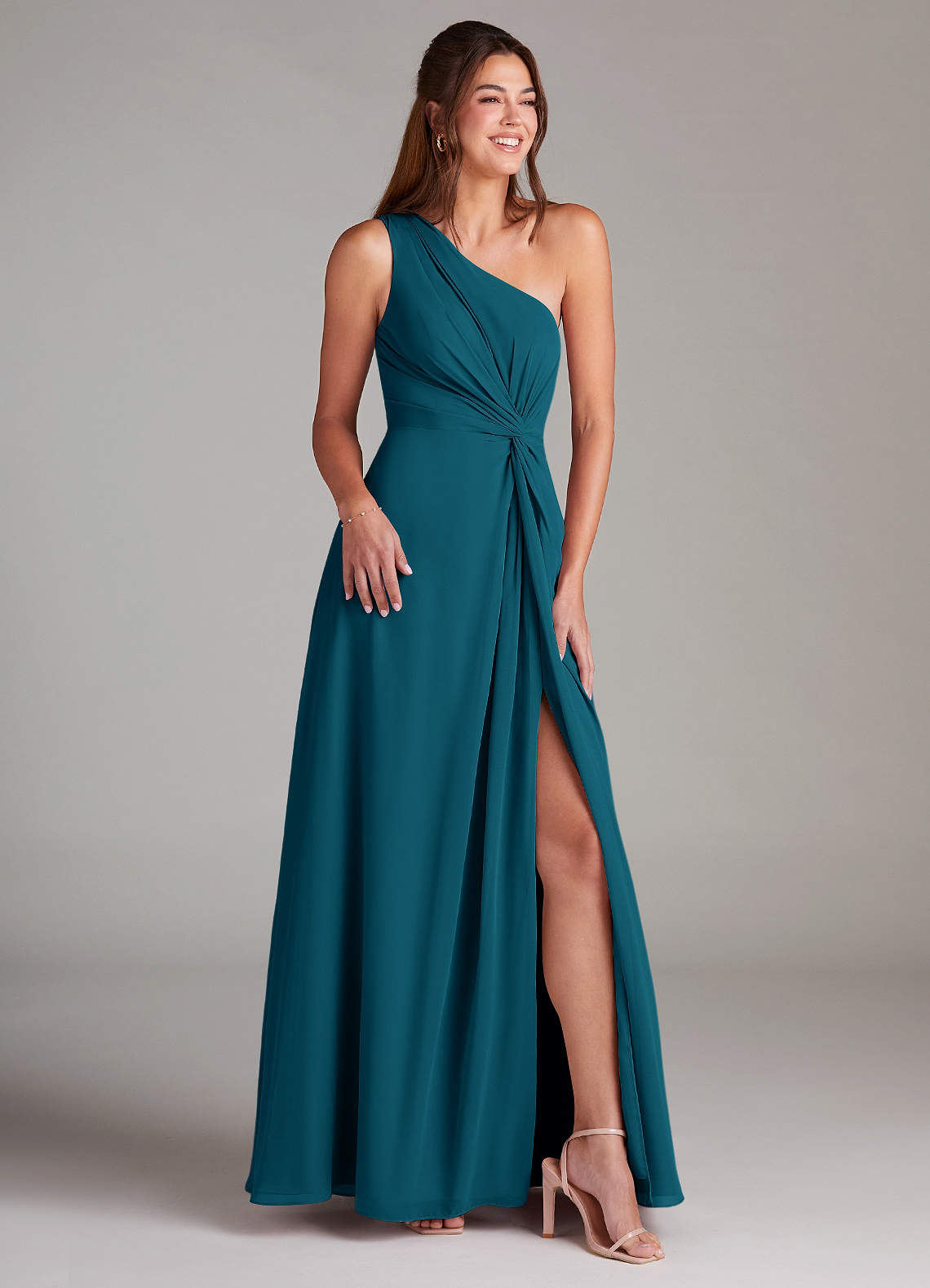 Azazie Brooke Bridesmaid Dresses Ink Blue A-Line One Shoulder Chiffon Dress image3