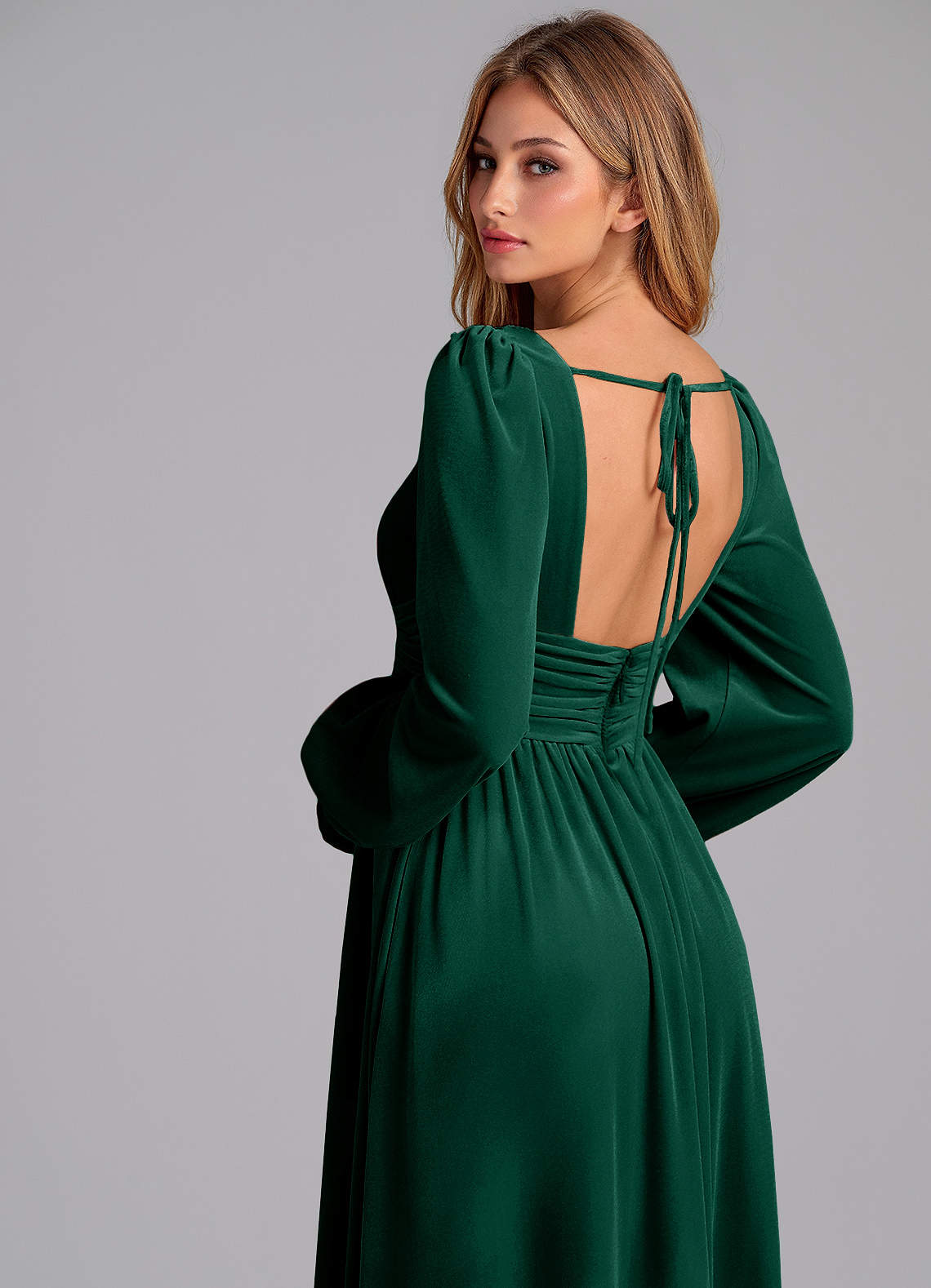 Azazie Norah Bridesmaid Dresses Emerald A-Line Long Sleeve Velvet Dress image6