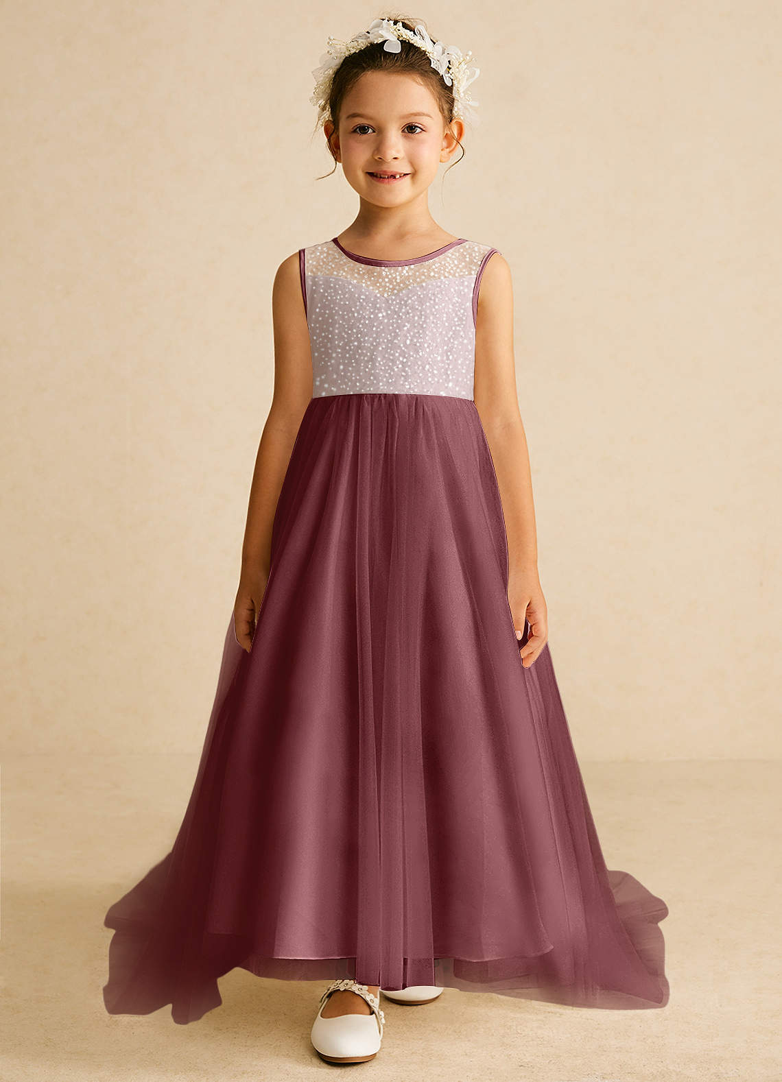 Azazie Tay Flower Girl Dresses Desert Rose A-Line Sequins Tulle Dress image1