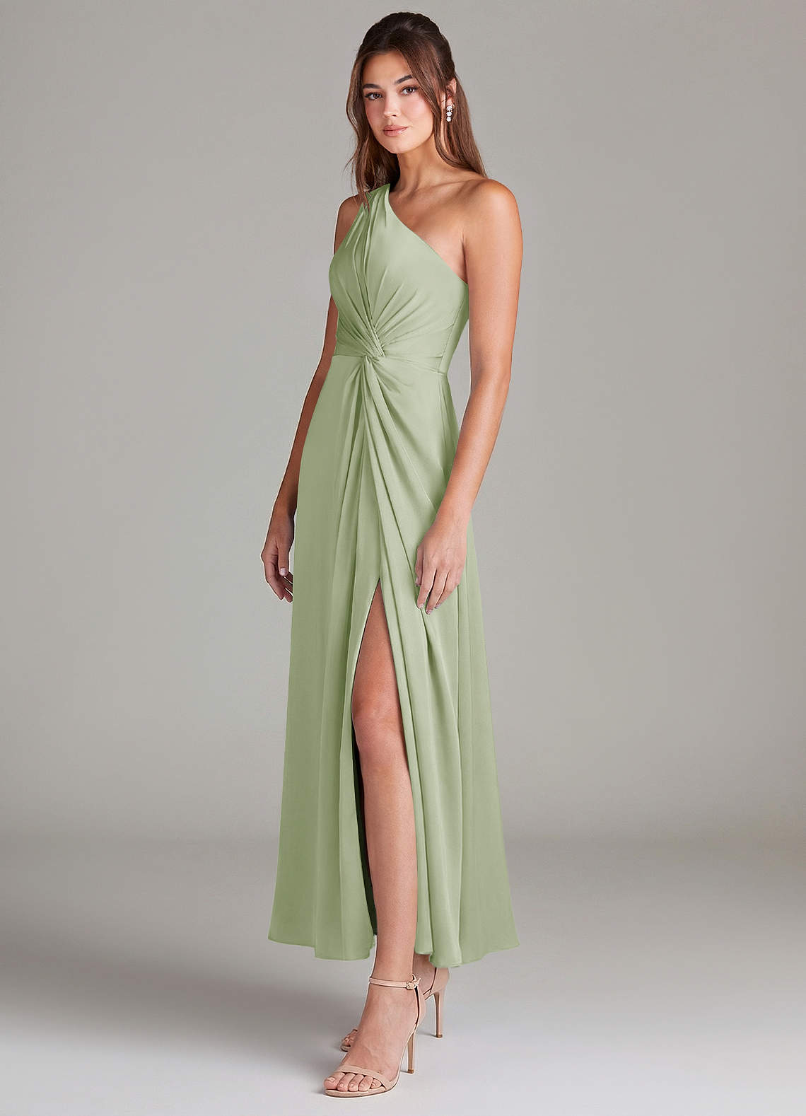 Azazie Brooke Robes de demoiselle d'honneur Robe Trapèze en Satin extensible Une épaule Vert Sauge image4