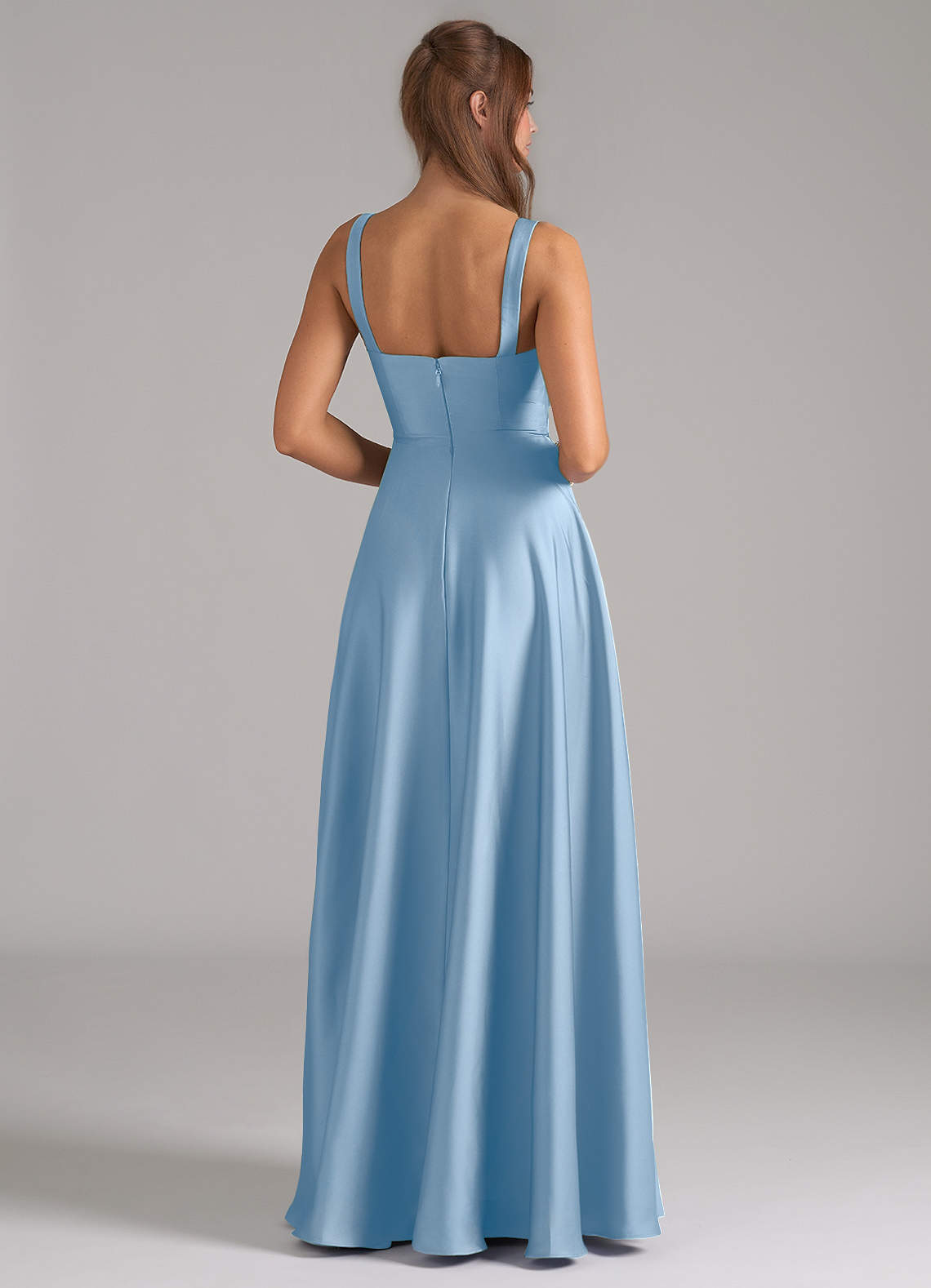 Azazie Shaude Bridesmaid Dresses Powder Blue A-Line Pleated Stretch Satin Dress image4