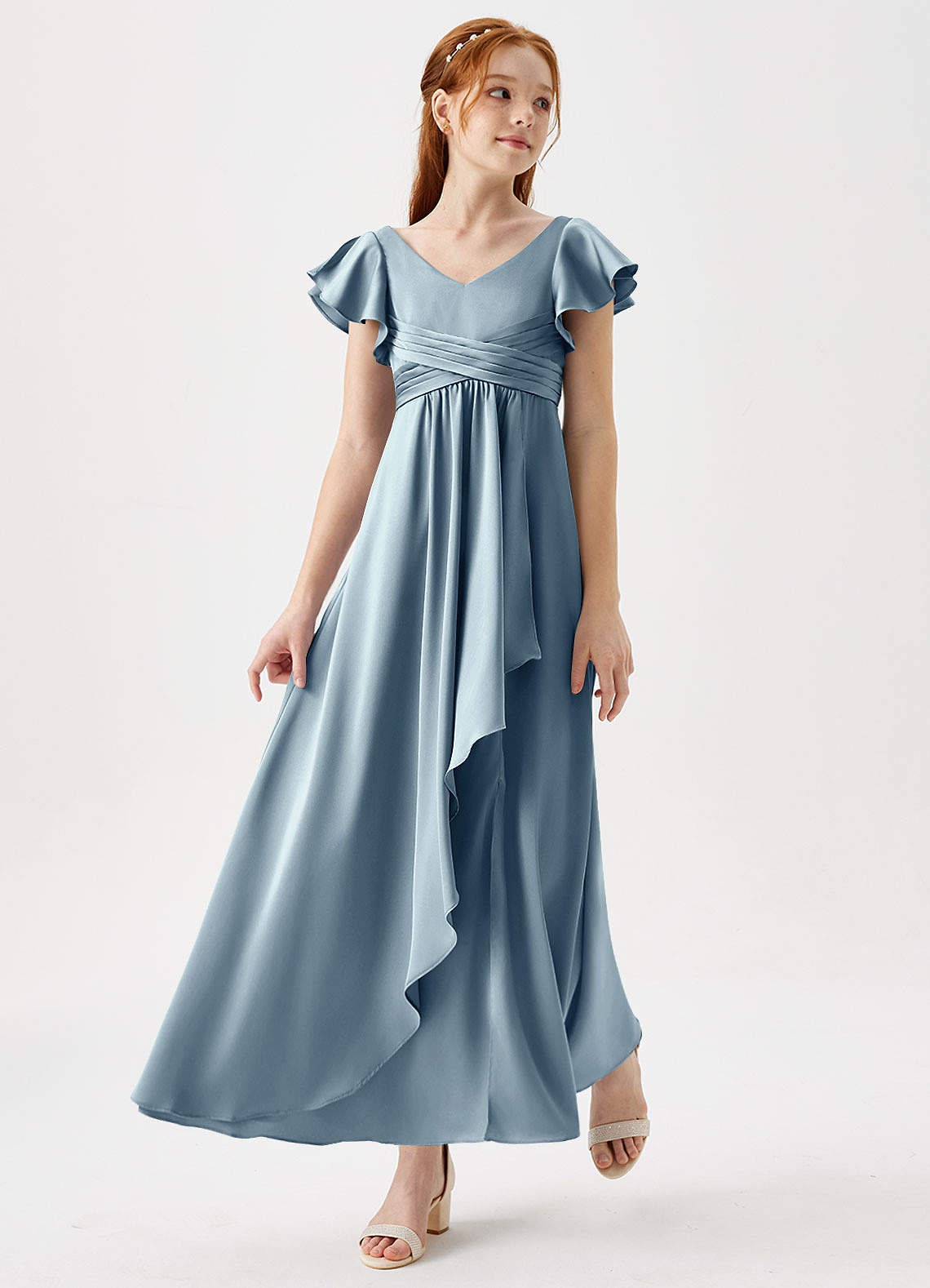 Azazie Omari Junior Dusty Blue A-Line Pleated Stretch Satin Dress image1