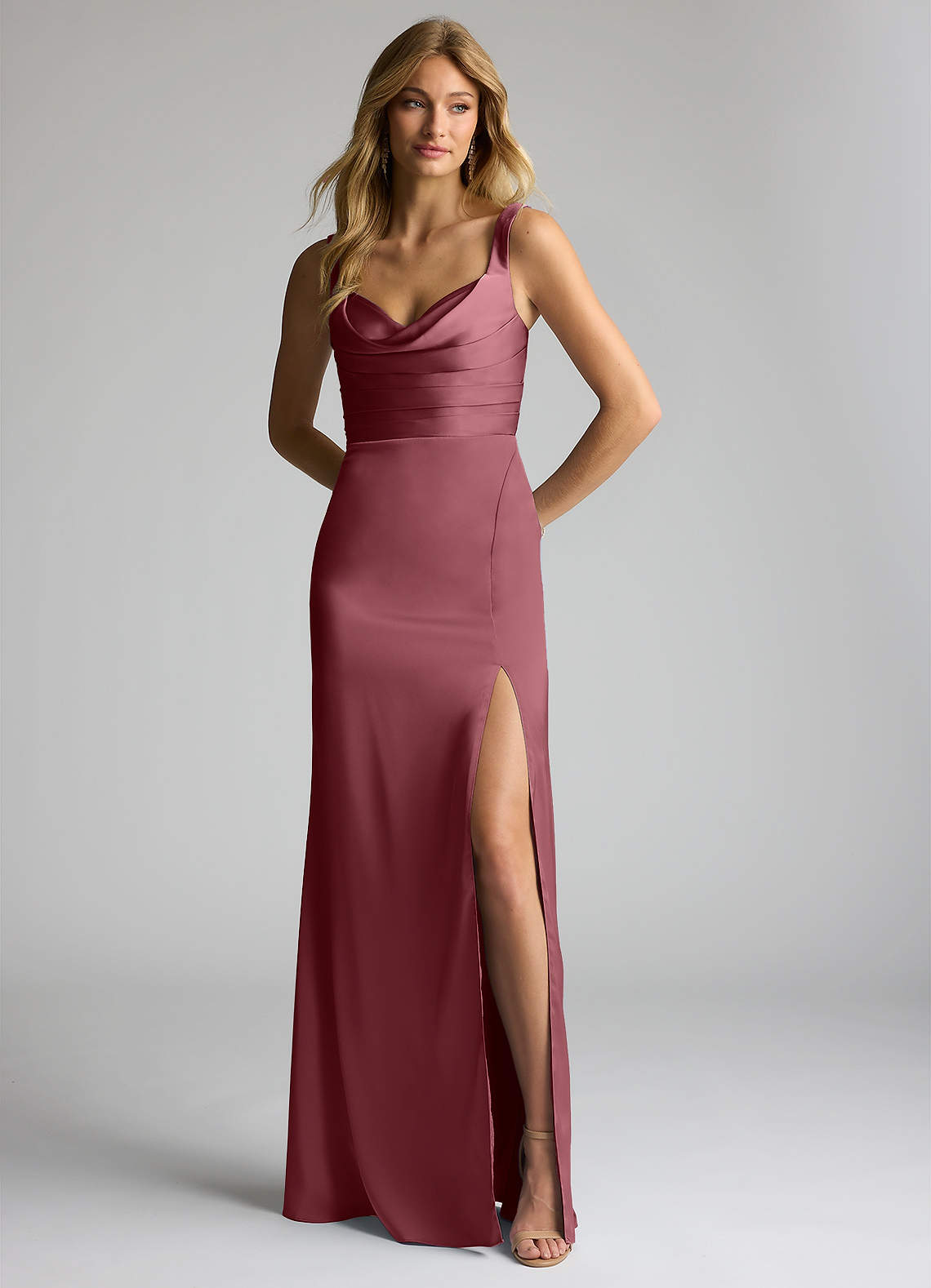 Azazie Elida Bridesmaid Dresses Desert Rose Sheath Pleated Stretch Satin Dress image1