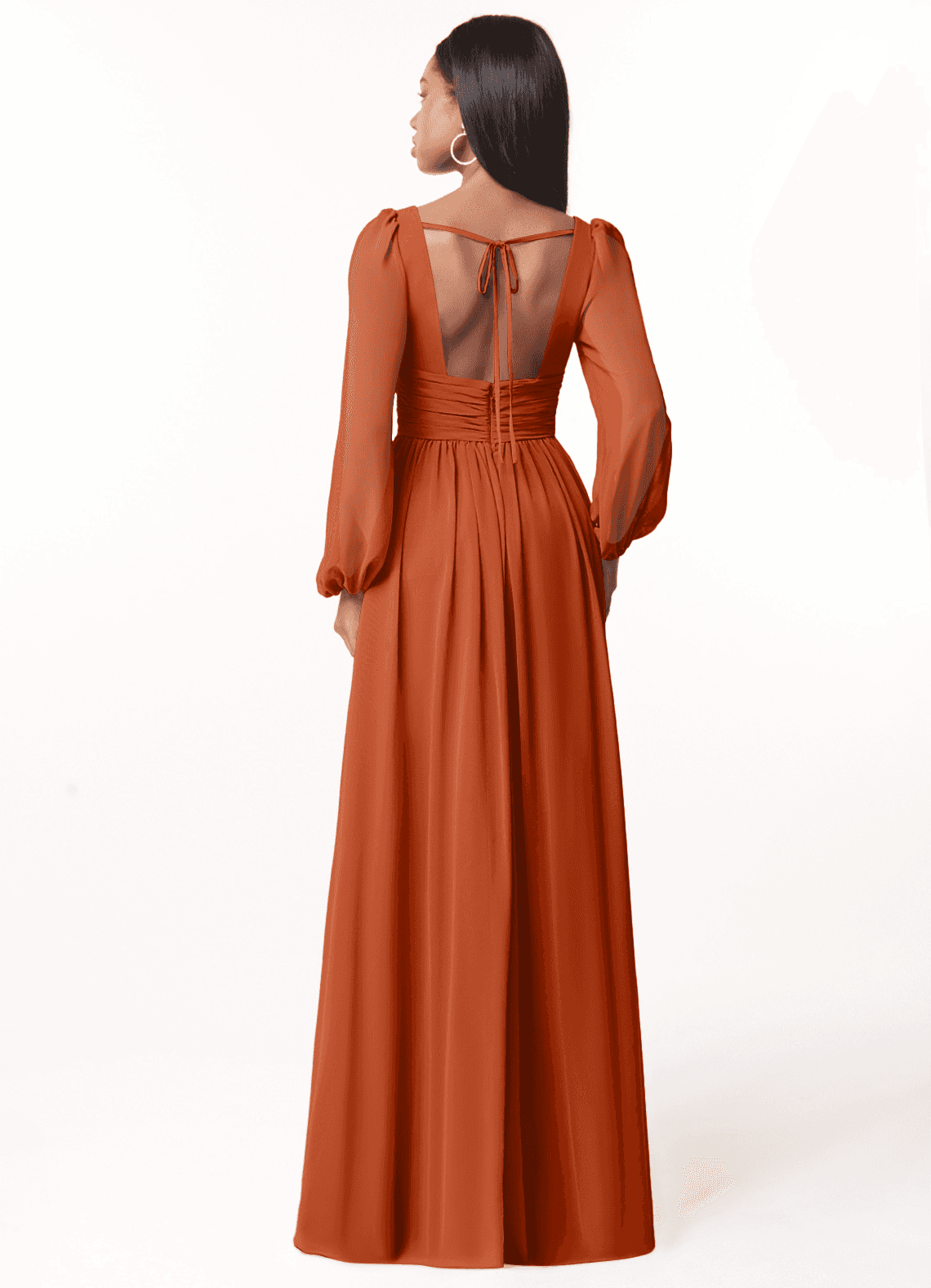 Azazie Norah Bridesmaid Dresses Burnt Orange A-Line V-Neck Long Sleeve Chiffon Dress image1