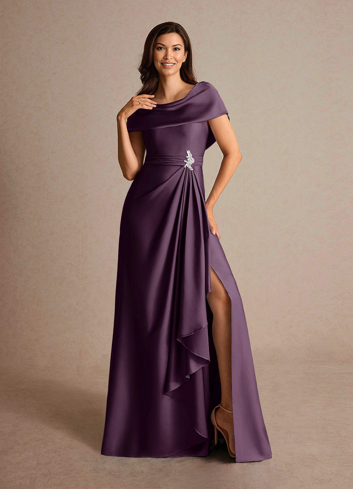 Azazie Branford Mother of the Bride Dresses Plum A-Line Pleated Stretch Satin Dress image5