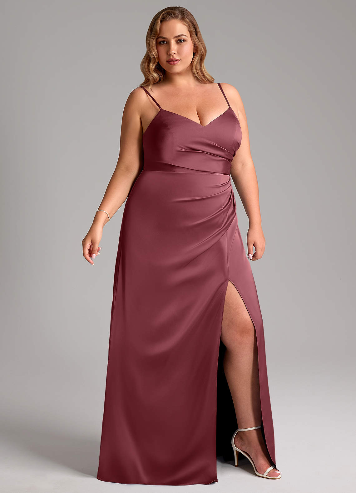 Azazie Azuree Bridesmaid Dresses Desert Rose A-Line Pleated Stretch Satin Dress image3