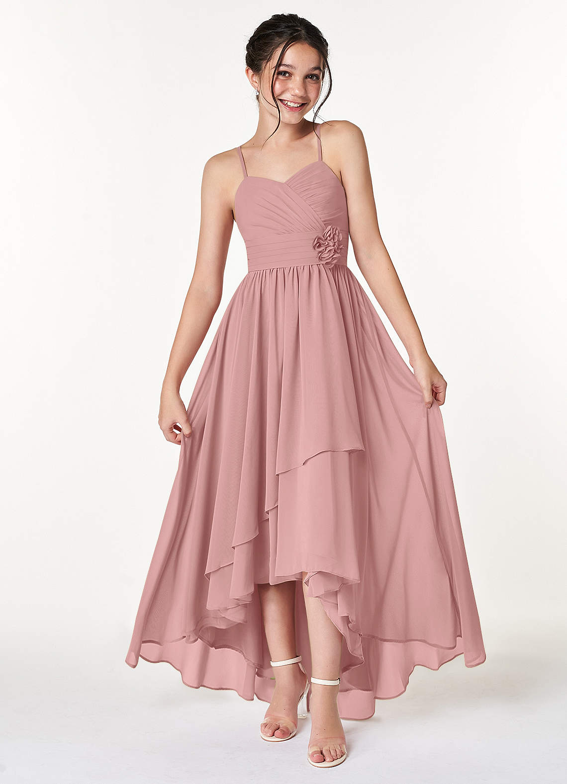 Azazie Catalina Junior Robe Trapèze en Mousseline de soie Rayé Rose Poussiéreuse image1