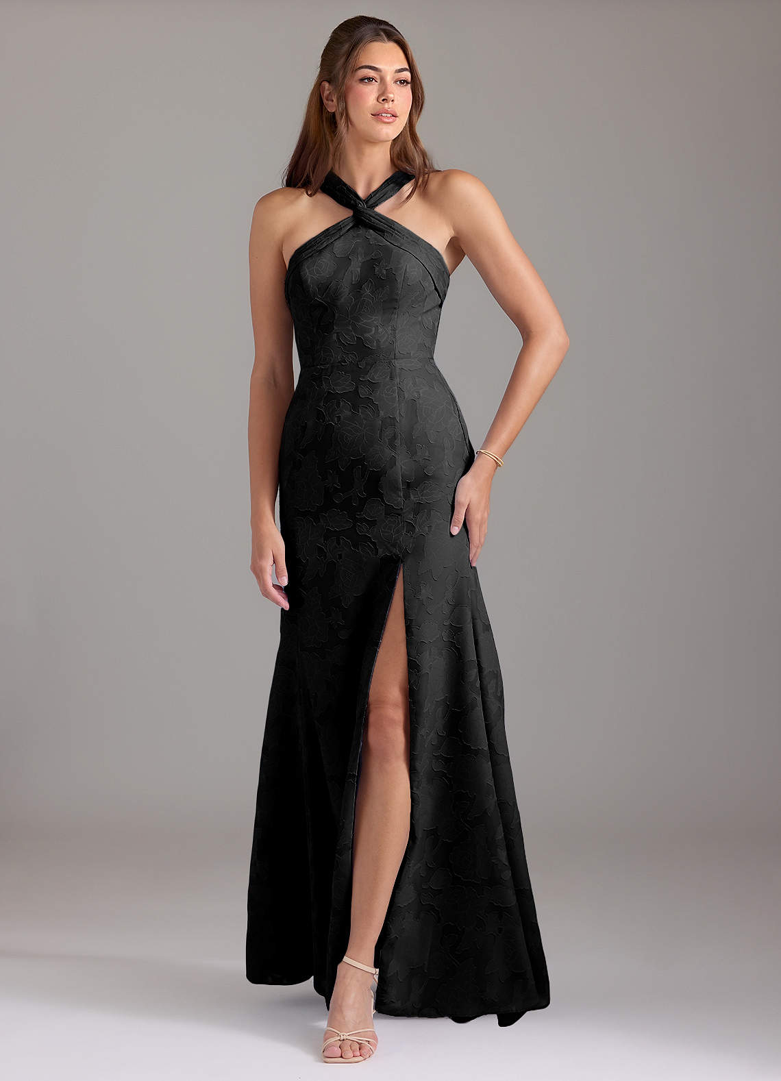 Azazie Rue Bridesmaid Dresses Black A-Line Pleated Floral Burnout Dress image1