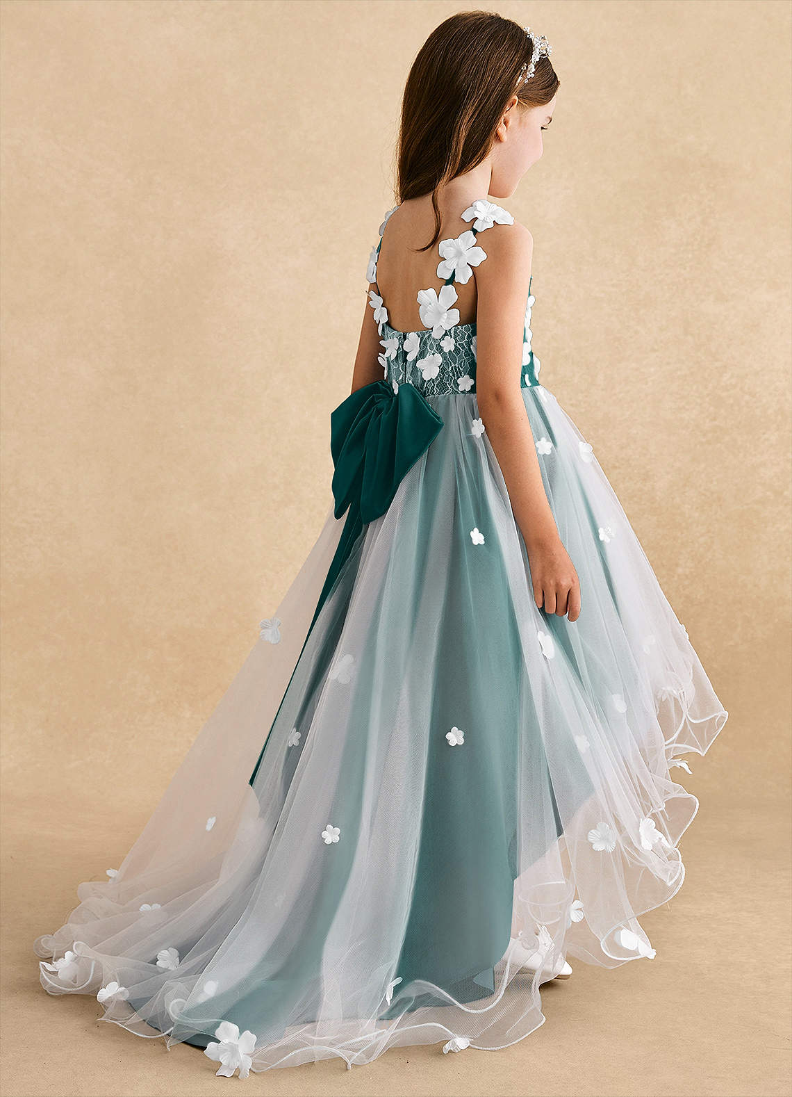 Azazie Celia Robe Demoiselle D'honneur Fillette Robe Trapèze en Tulle Dentelle Paon image4