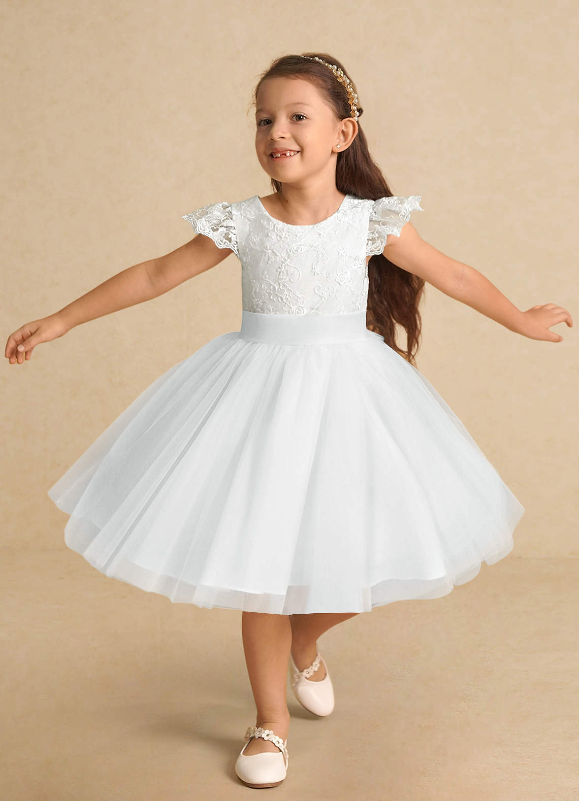 Azazie Vetty Flower Girl Dresses Diamond White A-Line Lace Tulle Dress image4