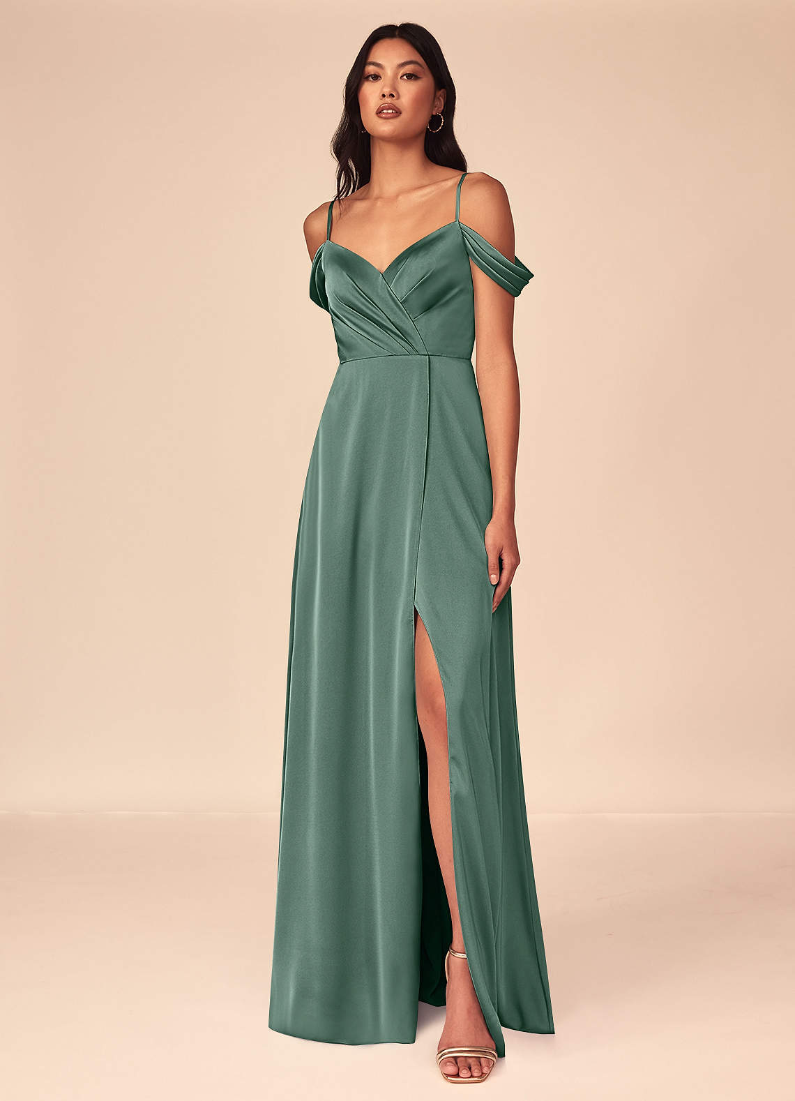 Azazie Ocean Bridesmaid Dresses Eucalyptus A-Line V-Neck Pleated Stretch Satin Dress image1
