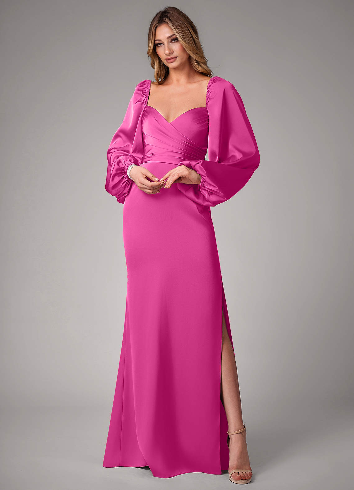 Azazie Sonata Bridesmaid Dresses Fuchsia Sheath Long Sleeve Stretch Satin Convertible Dress image1