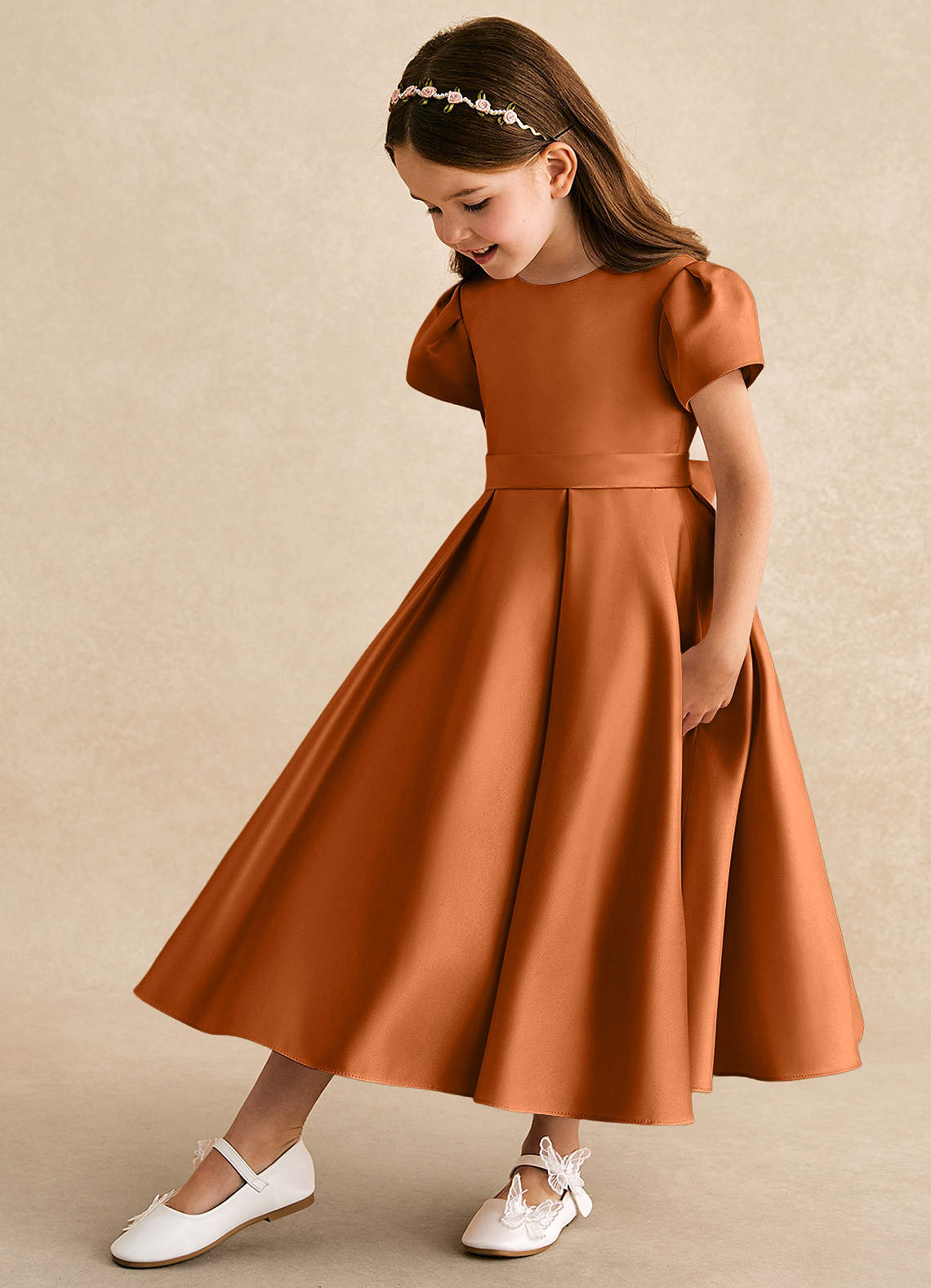 Azazie A-Line/Princess Scoop Neck Tea-Length Matte Satin Flower Girl Dresses - Copper