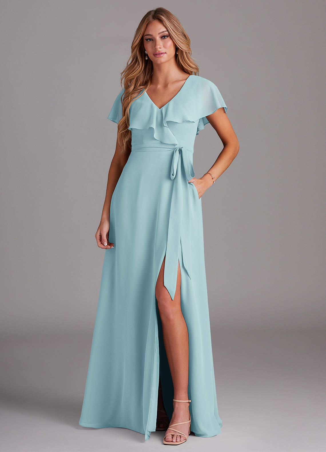 Azazie Lainey Bridesmaid Dresses Sea Glass A-Line with Pockets Chiffon Dress image1