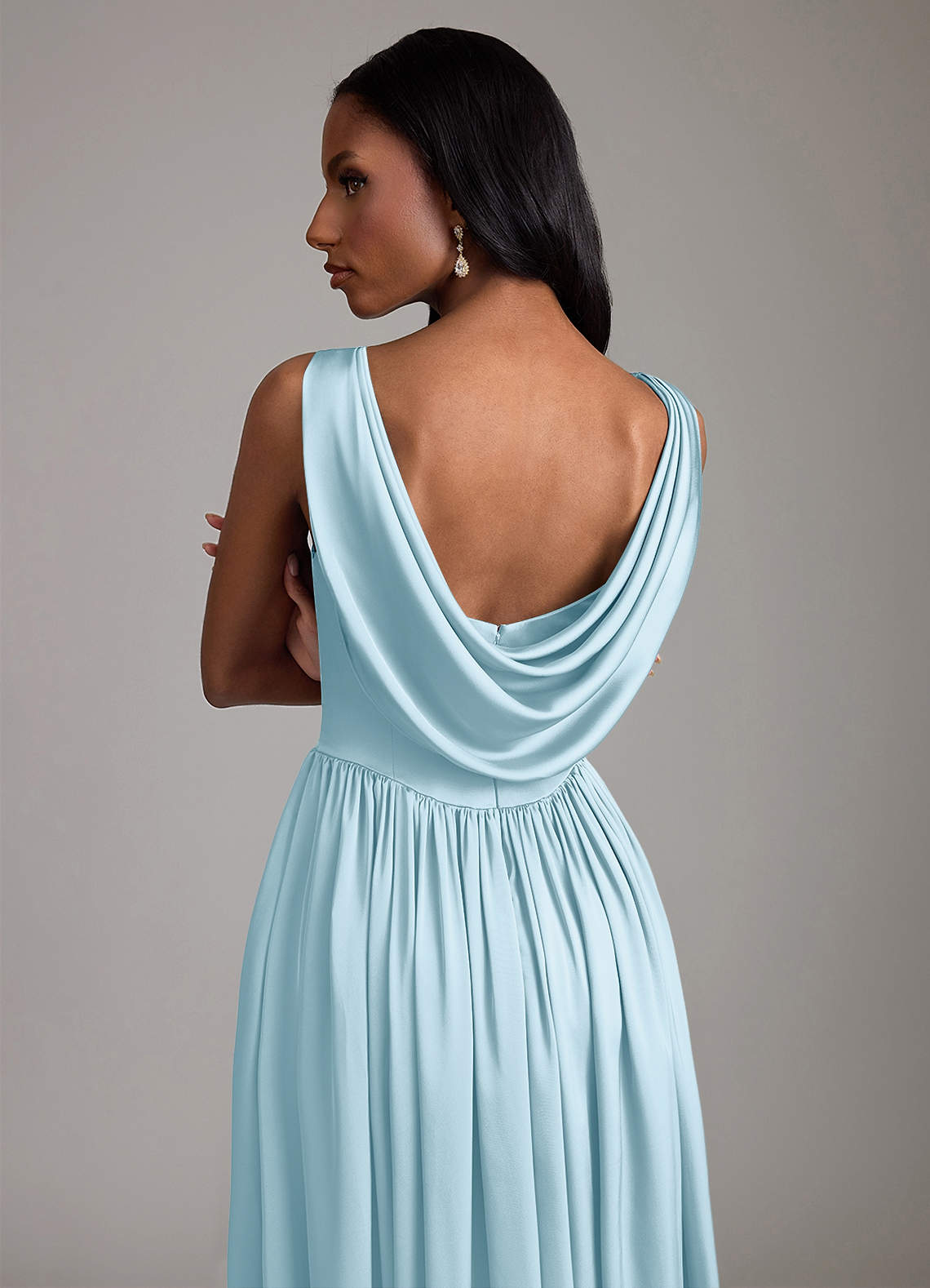 Azazie Novi At-home Try On Dresses Sky Blue A-Line with Pockets Stretch Satin Dress image3