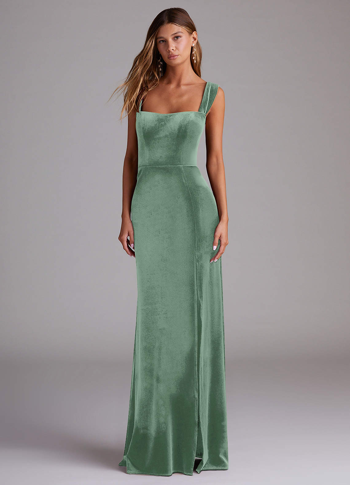 Azazie Junia Bridesmaid Dresses Eucalyptus Sheath Off the Shoulder Velvet Convertible Dress image1