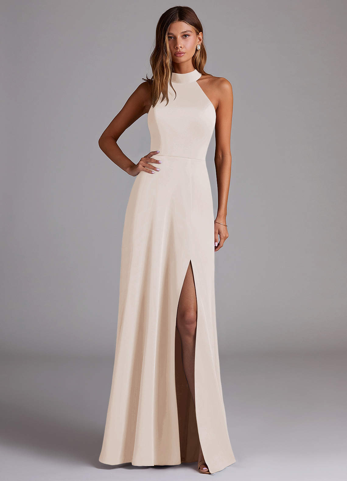 Azazie Myra Bridesmaid Dresses White Alabaster A-Line Side Slit Stretch Satin Dress image1