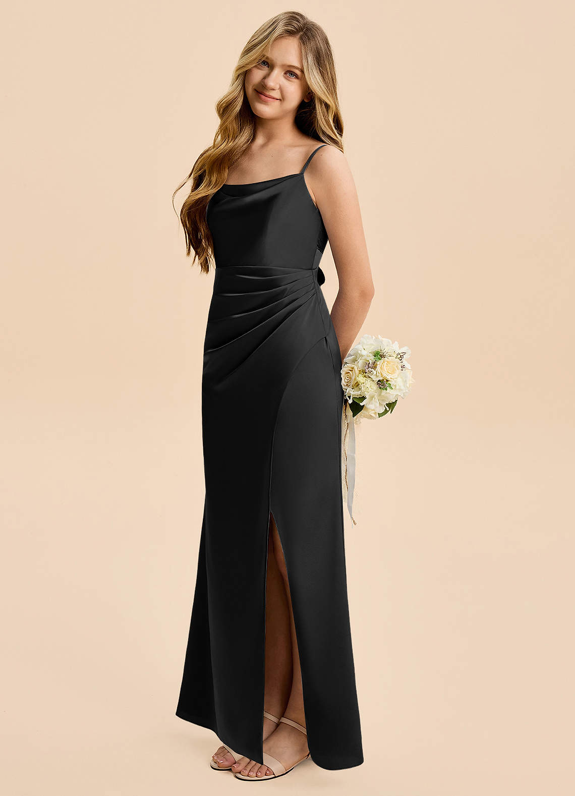 black satin junior bridesmaid dress Azazie Christen Junior