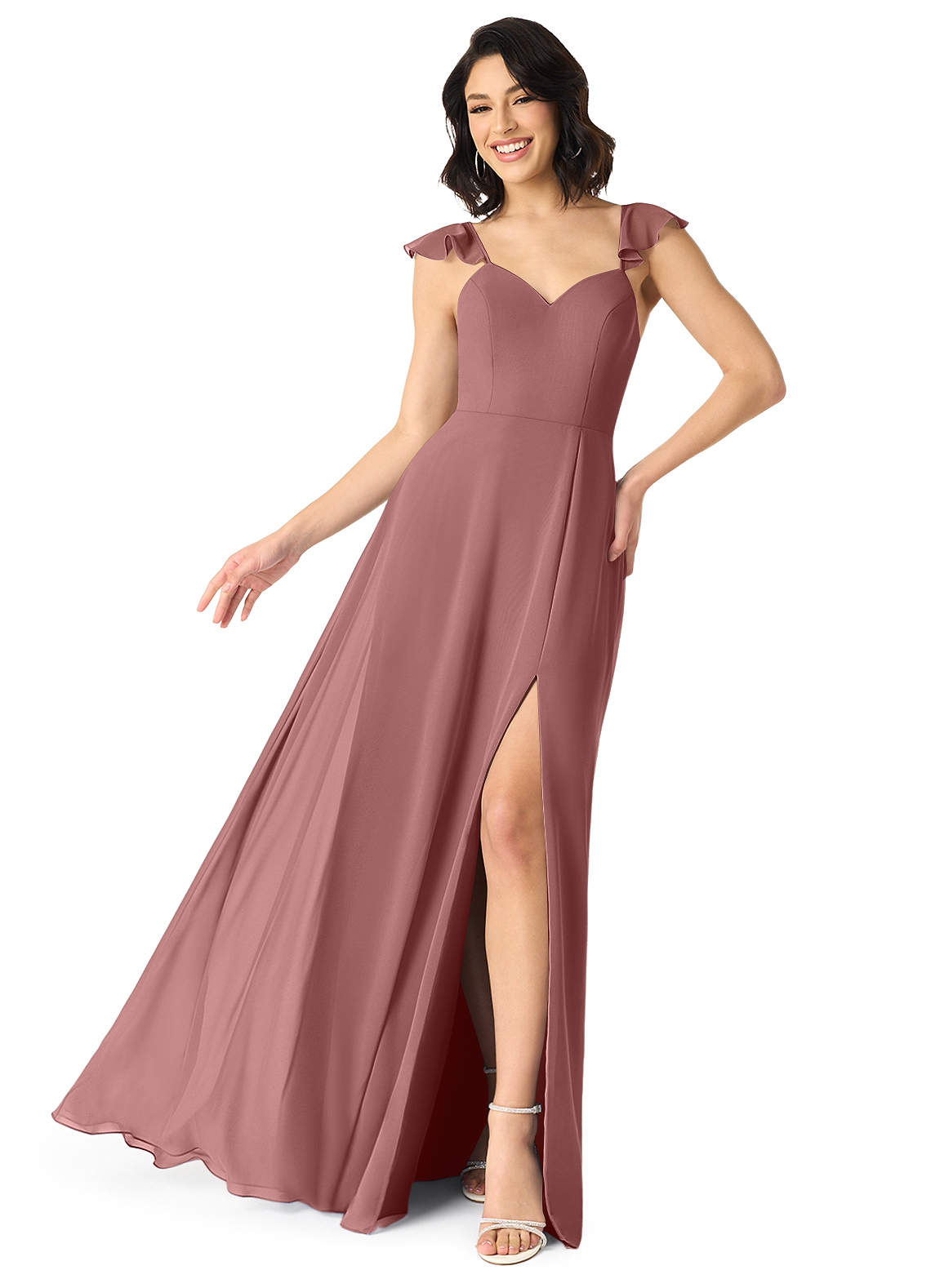Azazie Everett Bridesmaid Dresses Desert Rose A-Line V-neck Ruched Chiffon Dress image1