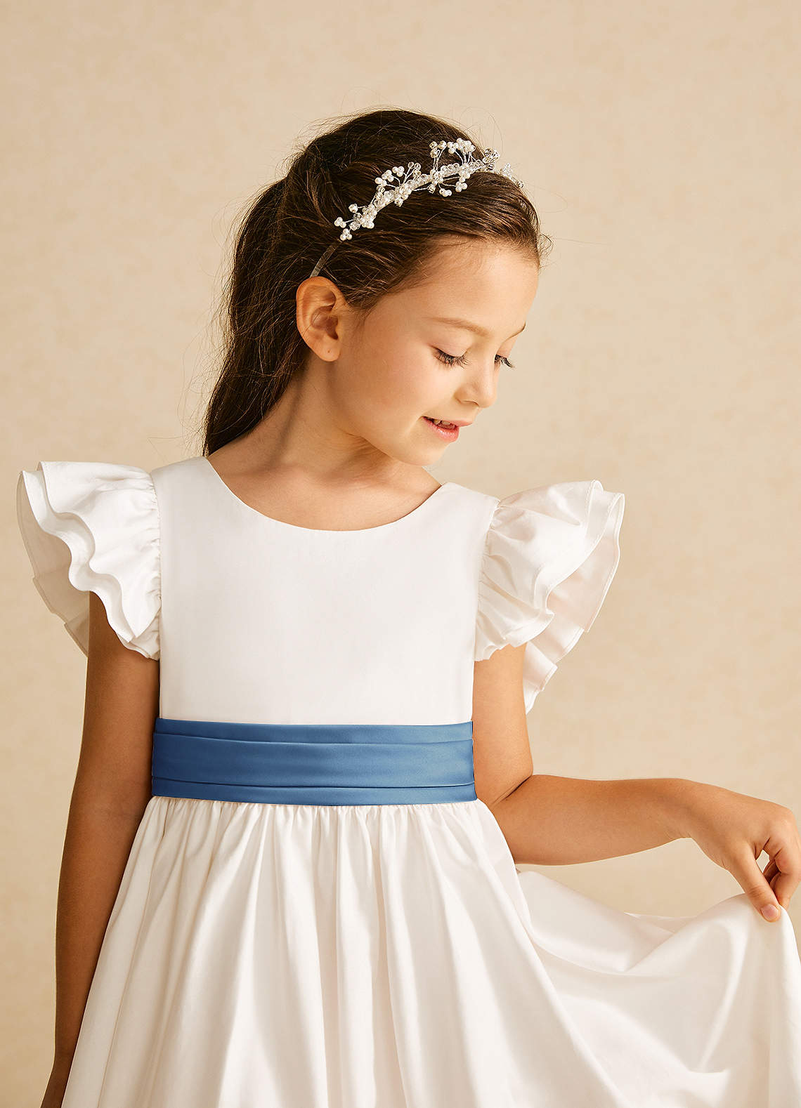 Azazie Aero Flower Girl Dresses Ivory Steel Blue A-Line Pleated Cotton Dress image2