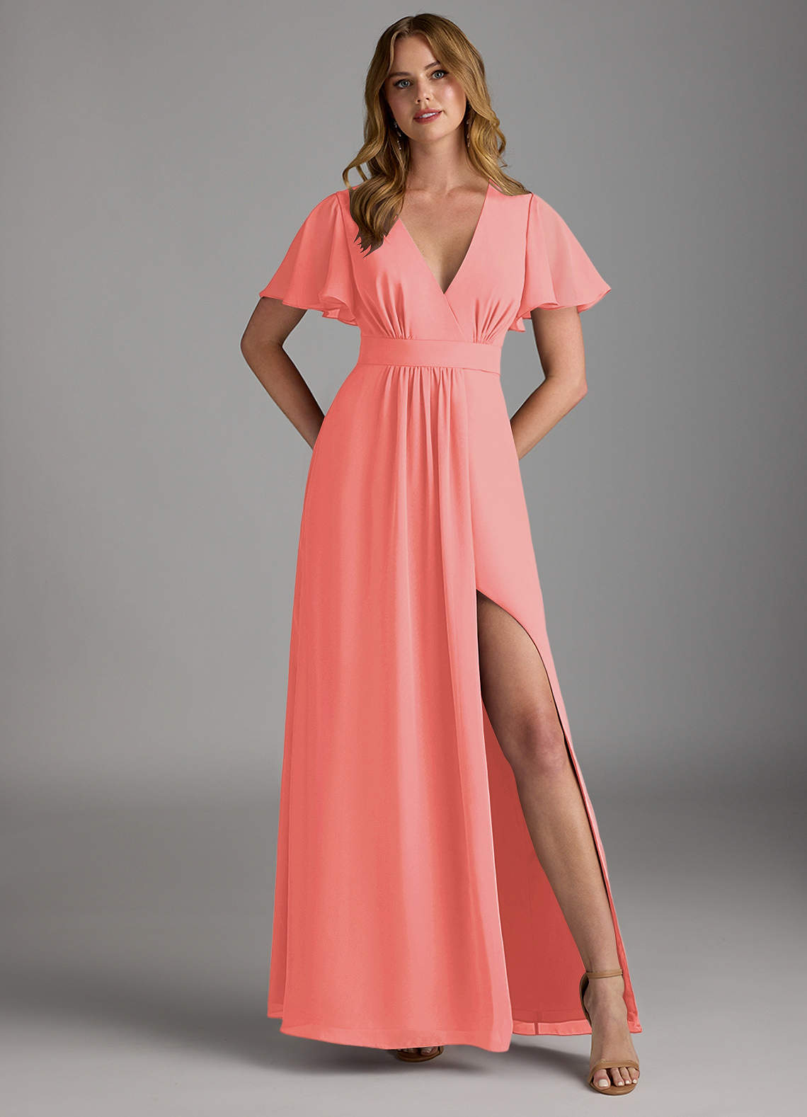 Azazie Zaniah Bridesmaid Dresses Coral A-Line Chiffon Dress image1