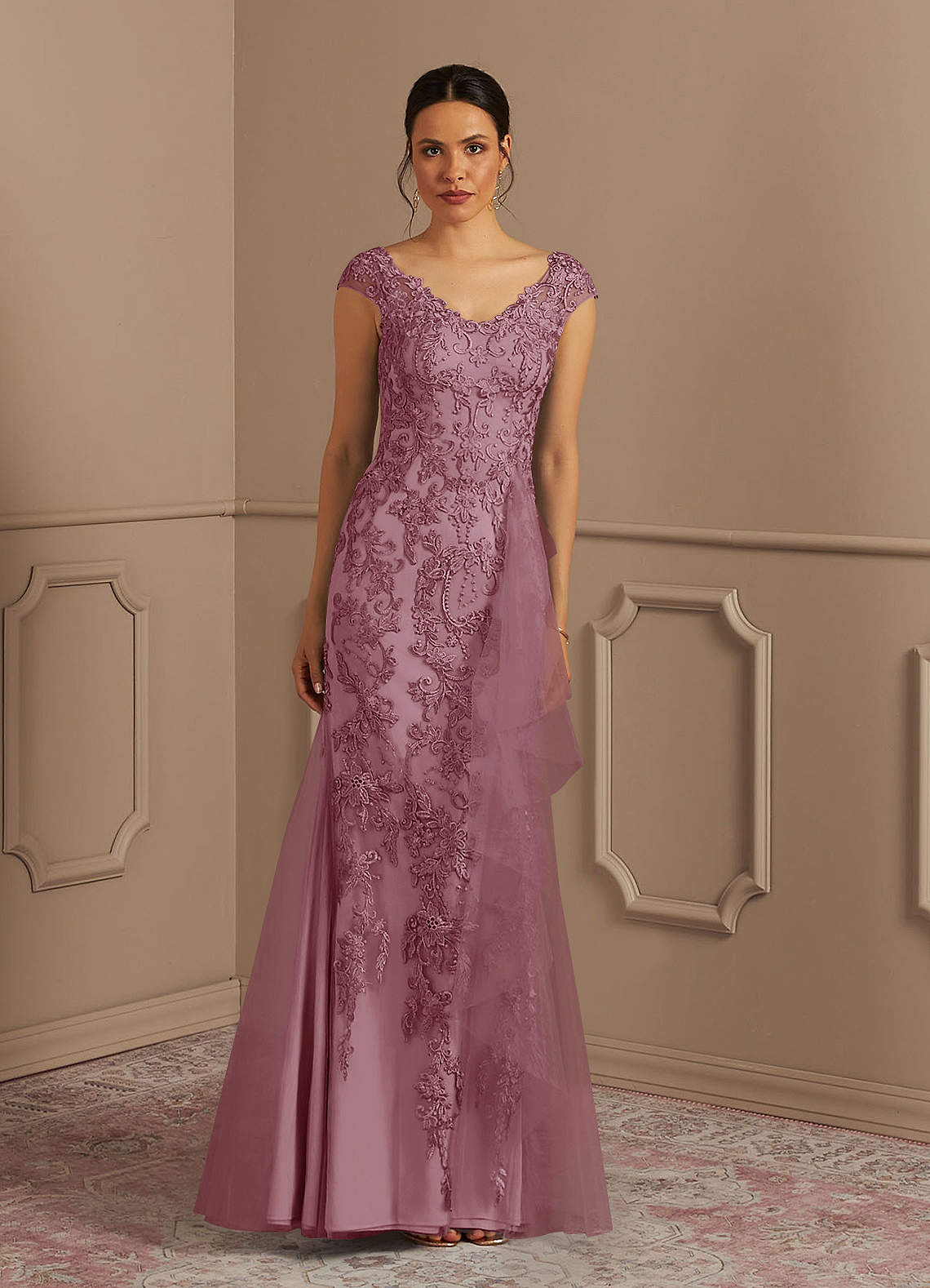Azazie Melena Mother of the Bride Dresses Vintage Mauve Mermaid Lace Tulle Dress image1