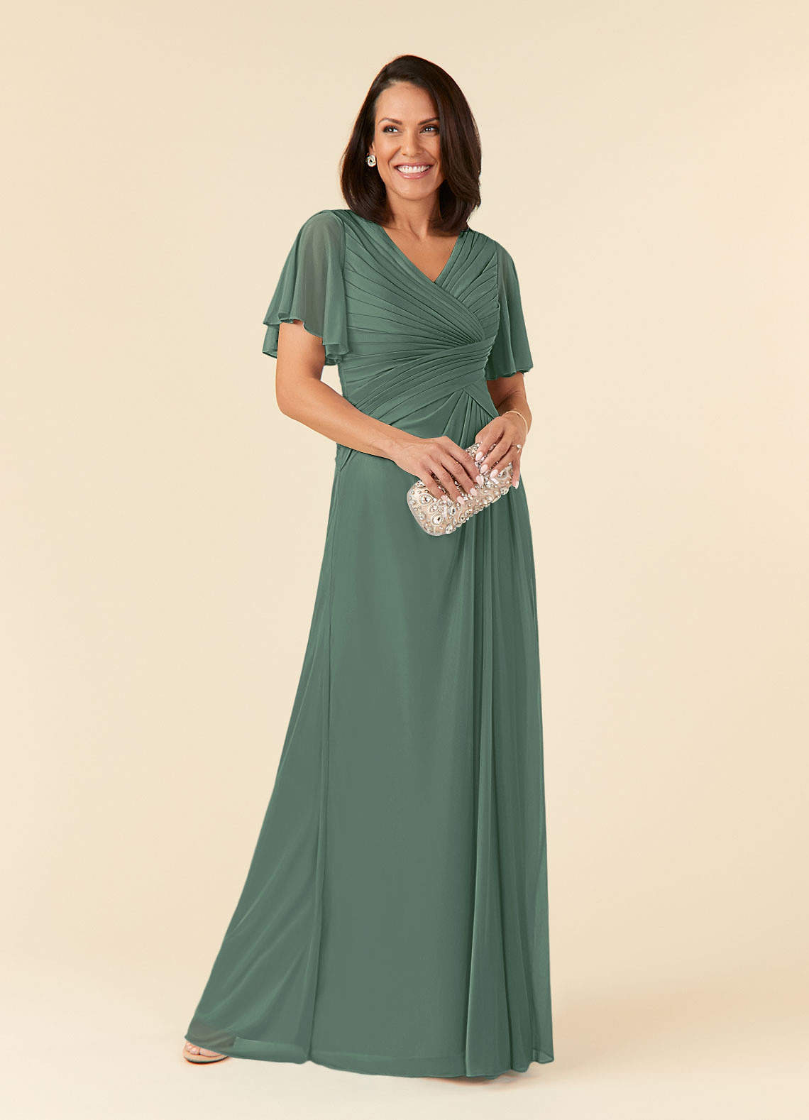 Azazie Emmeline Mother of the Bride Dresses Eucalyptus A-Line V-Neck Pleated Mesh Dress image1