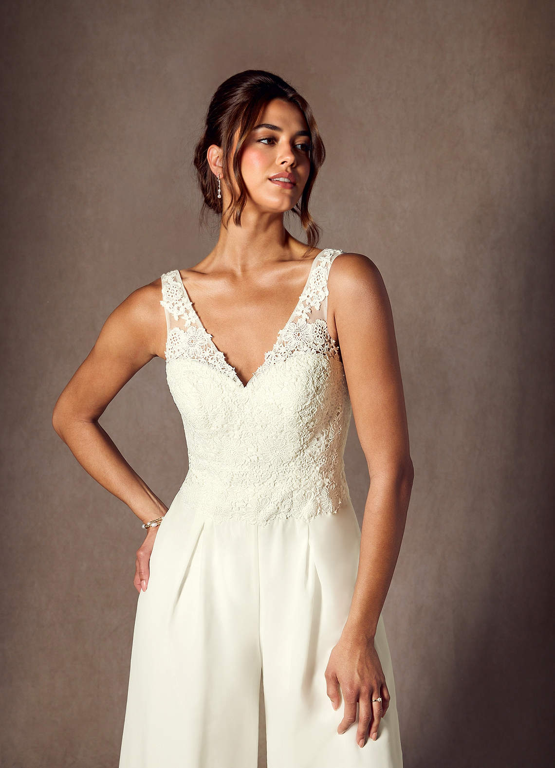 Azazie Florine Wedding Dresses Cream Pant Styles V-Neck Lace Chiffon Dress image4