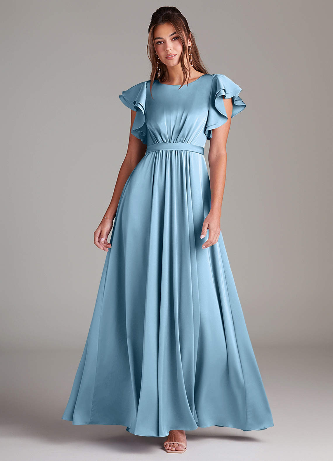 Azazie Daphne Robes de demoiselle d'honneur modestes Robe Trapèze Rayé Longueur ras du sol Satin extensible image1