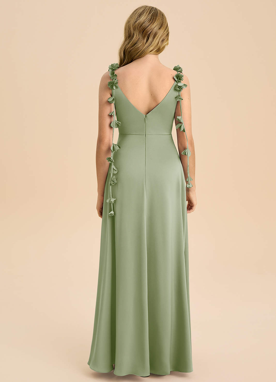 Azazie Gumdrop Junior Dusty Sage Empire Pleated Stretch Satin Dress image6